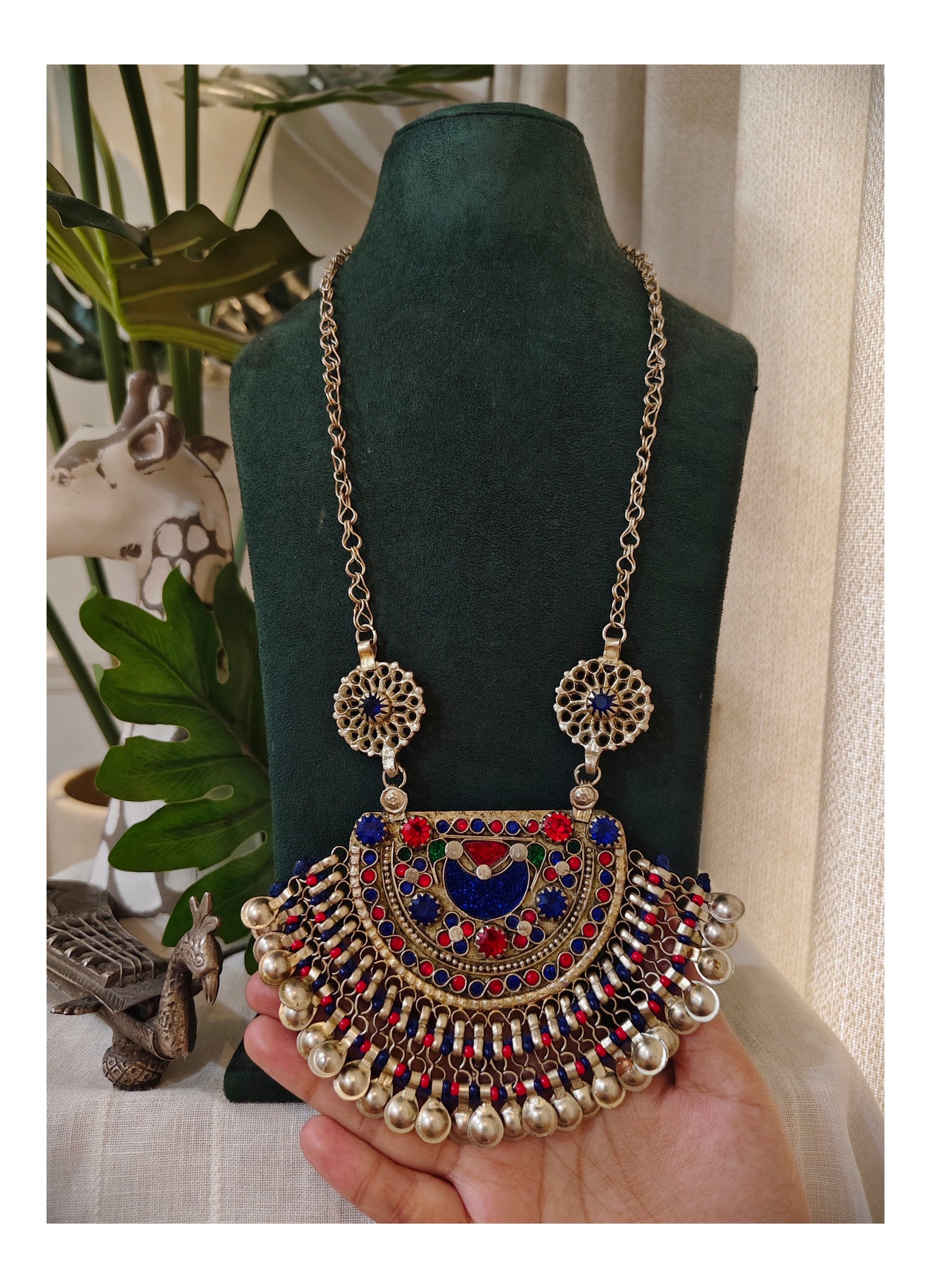 Beautiful Vintage Afghani Chaand Stone Embedded Pendant Necklace