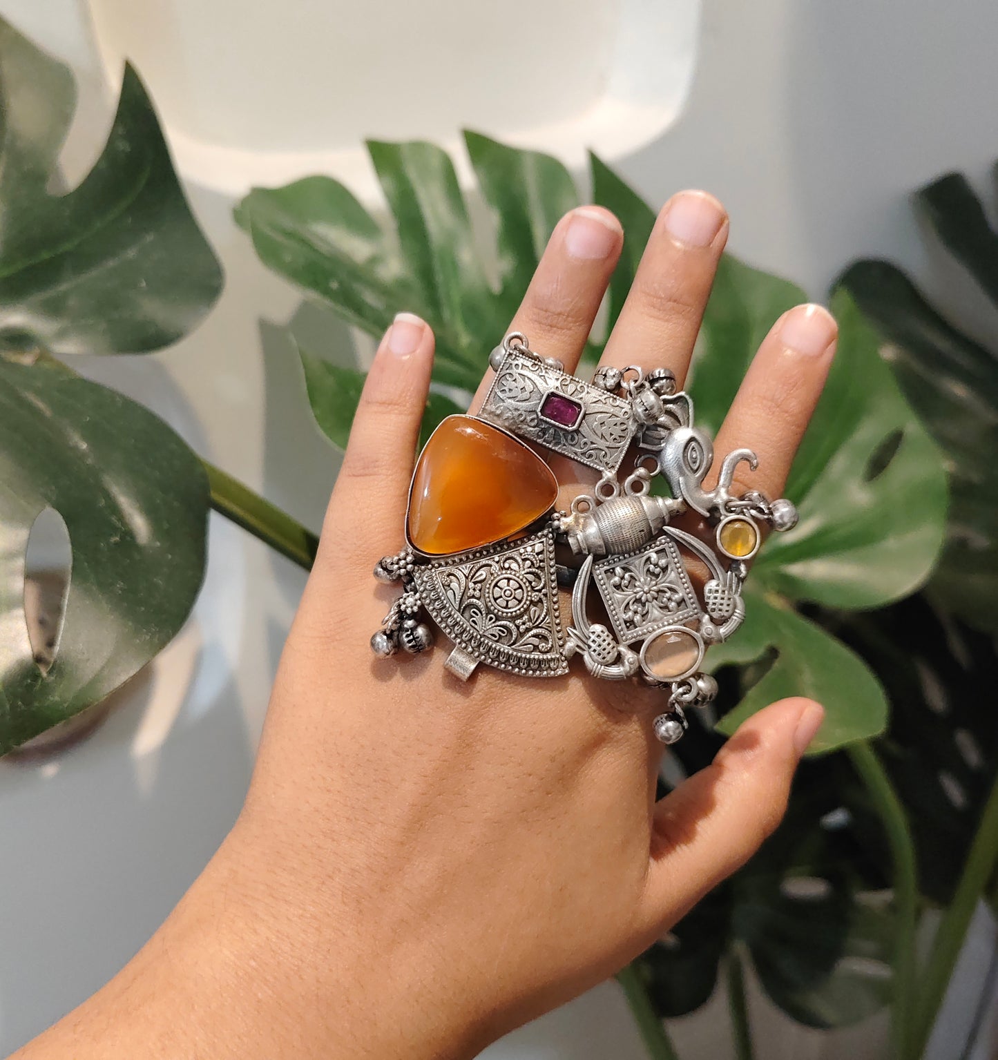 Beautiful Designer Fusion Stone Embedded Adjustable Ring