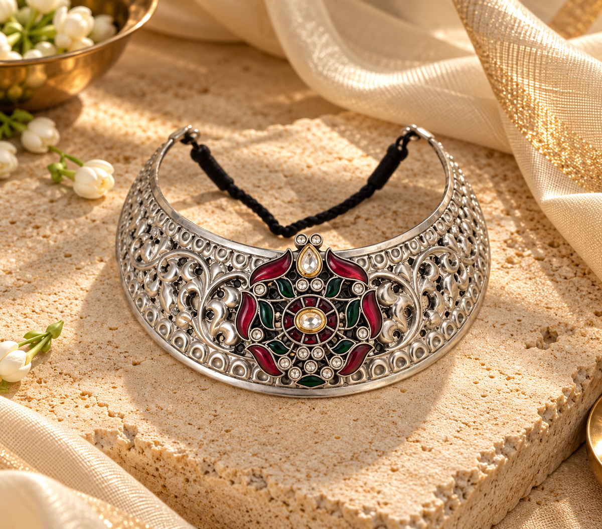 Beautiful Designer Chitai Work Kempstone Pendant Neckpiece