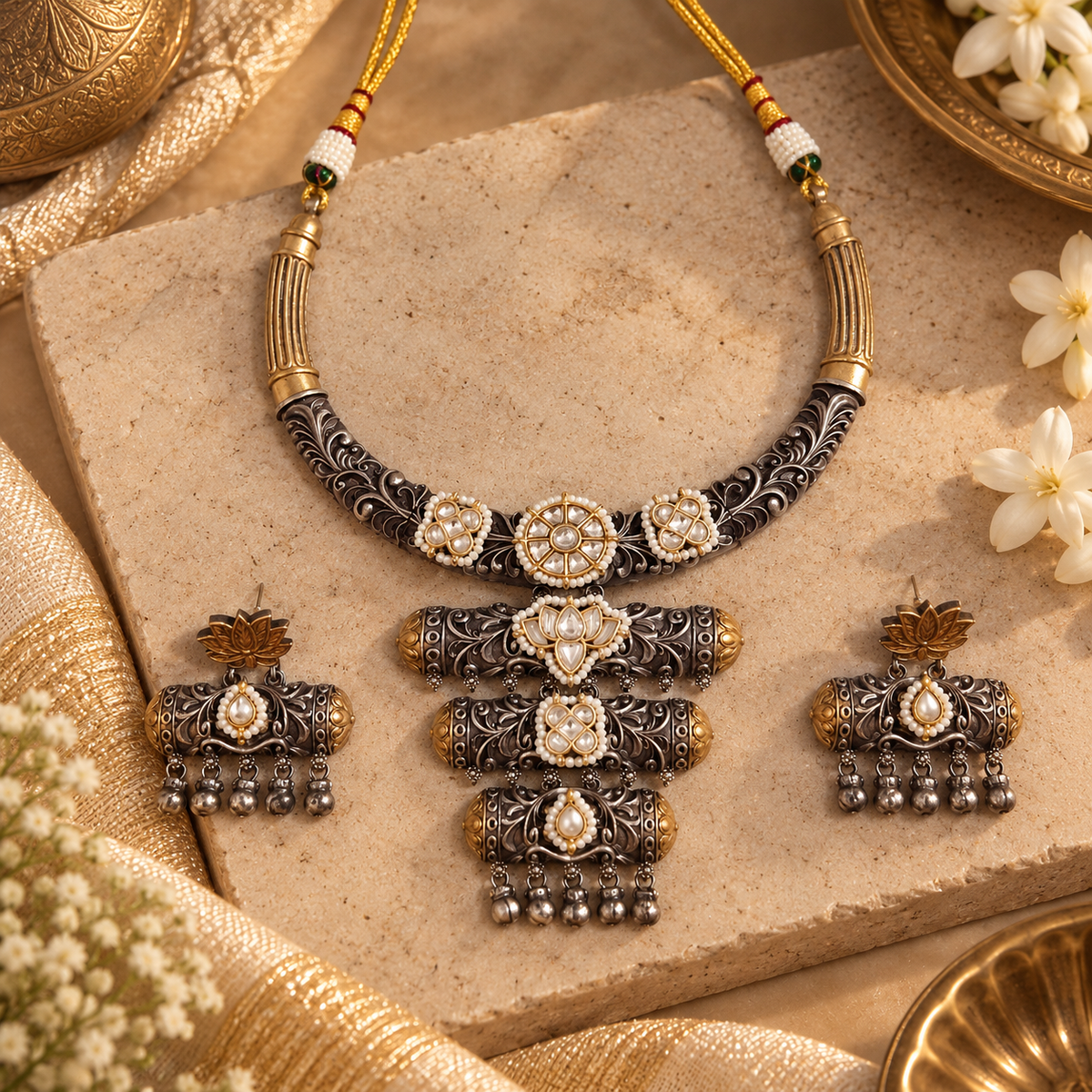 Beautiful Designer Dual Tone Ahemdabadi Kundan Detailing Neckpiece With Earrings