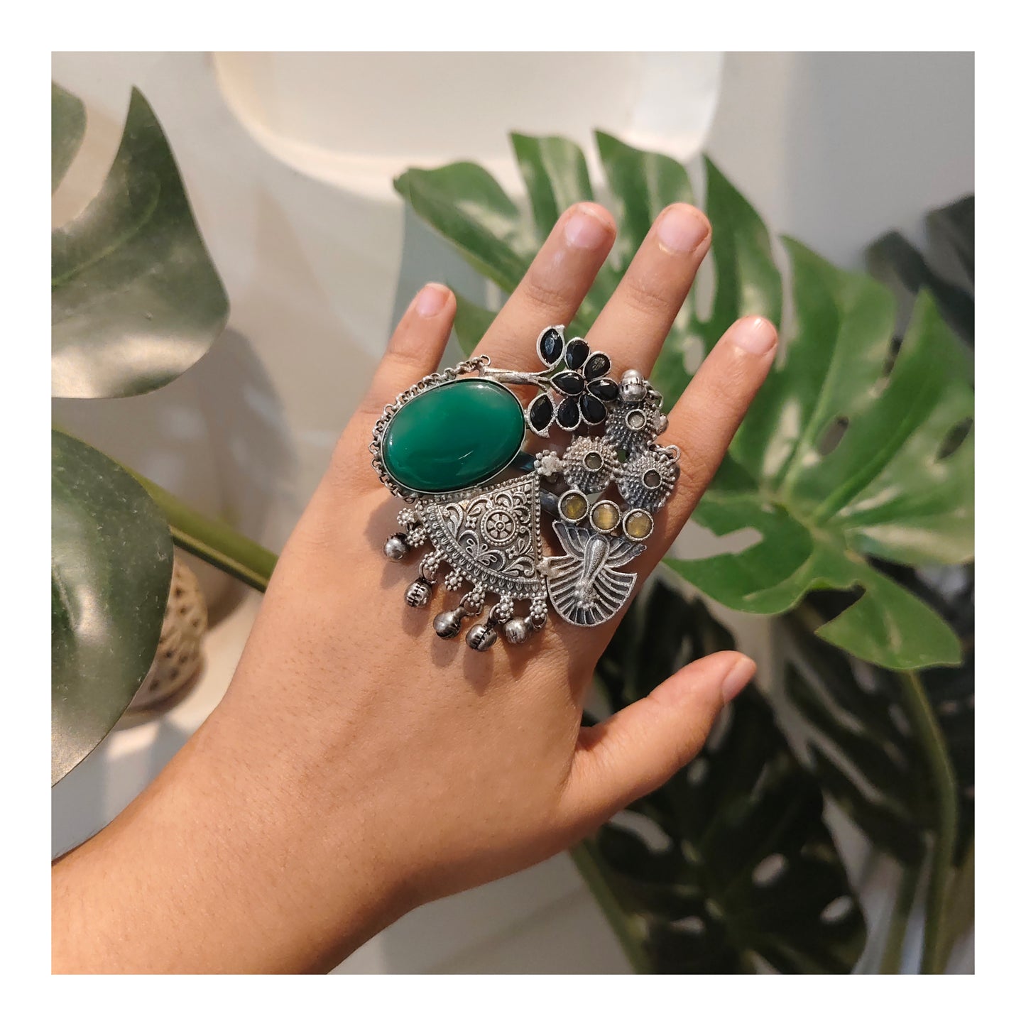 Beautiful Designer Stone Embedded Fusion Adjustable Ring