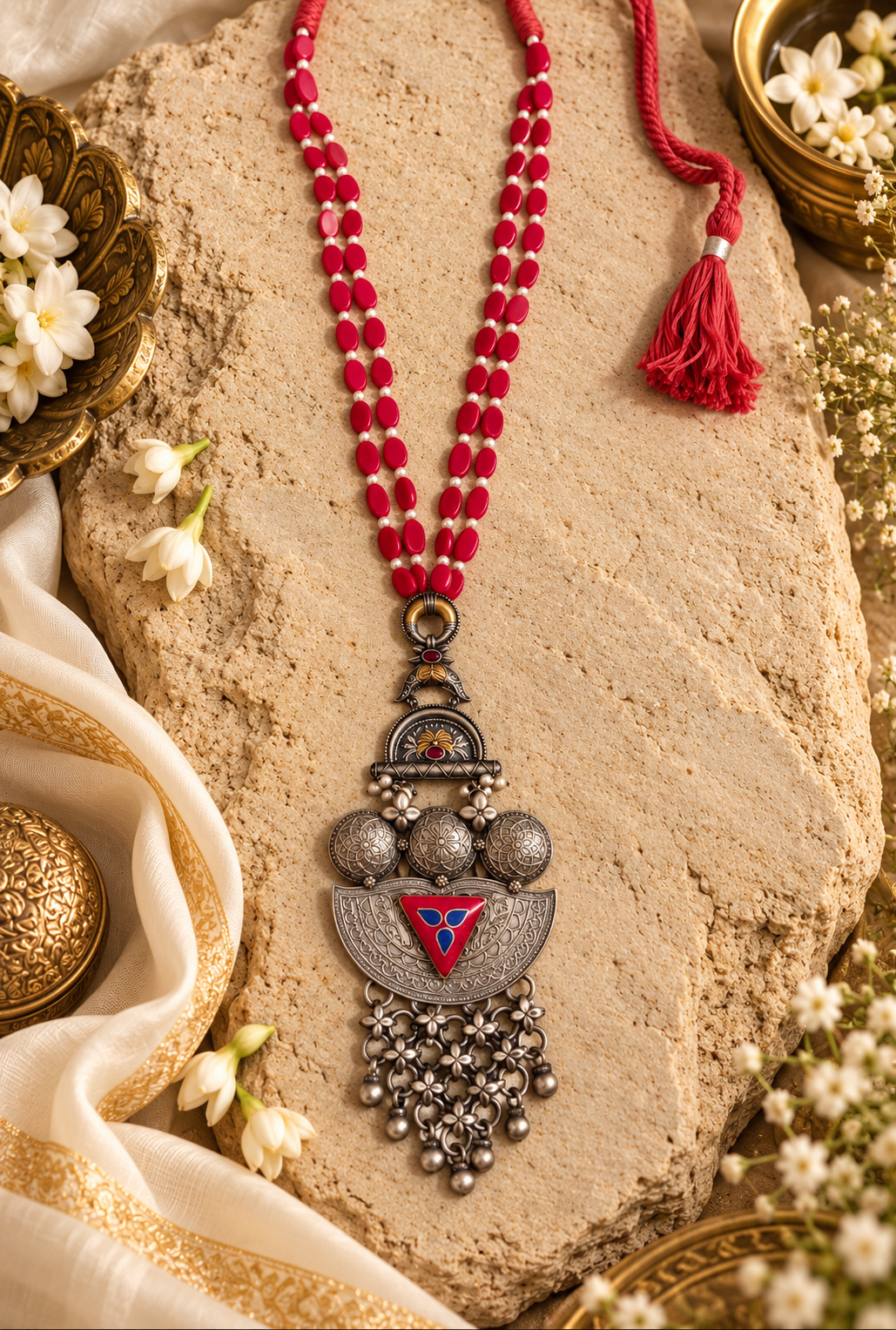 Beautiful Designer Dual Tone Long Fusion Pendant Necklace With Coral Beads Mala Necklace