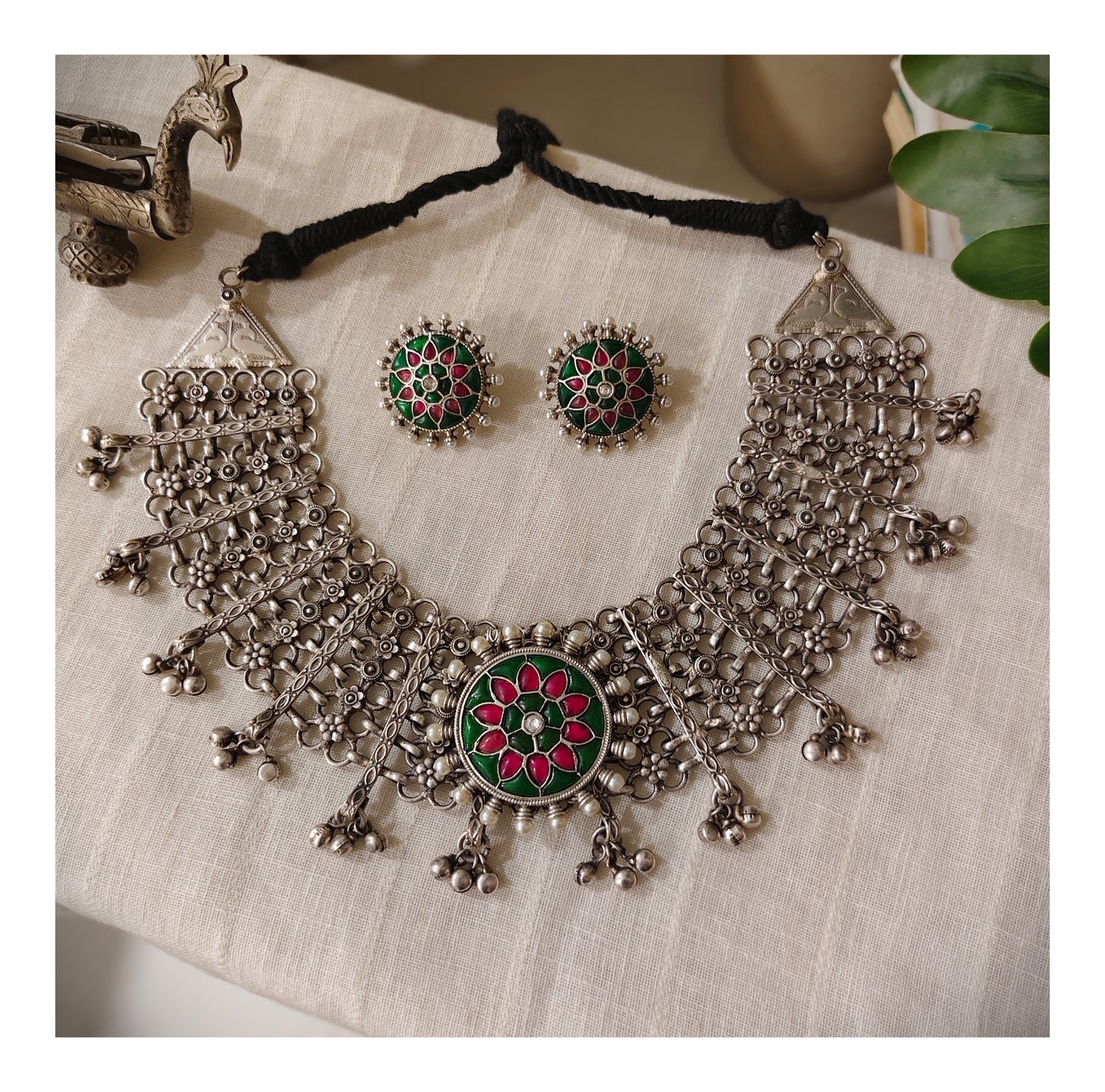 Beautiful Designer Kempstone Detailing Jaal Patta Neckpiece With Earrings