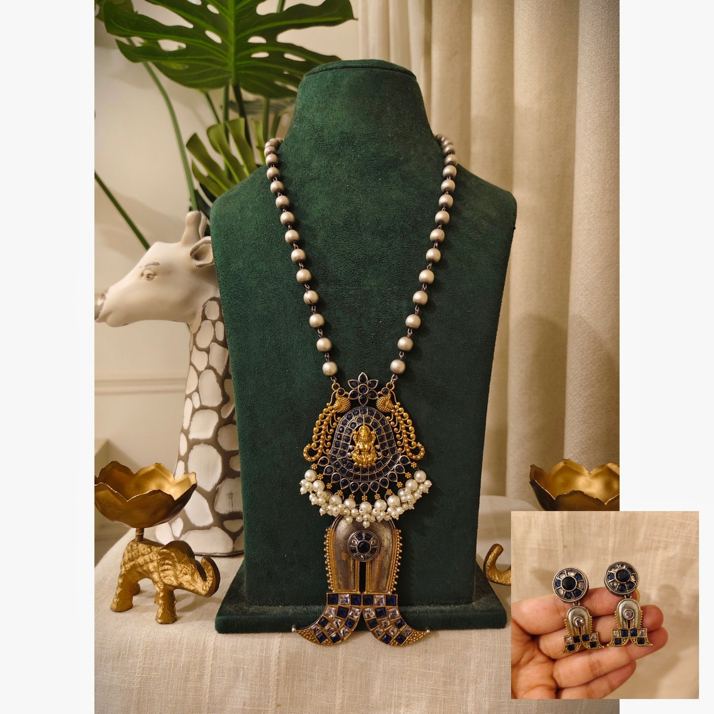 Beautiful Designer Dual Tone Stone Embedded Pendant Necklace With Earrings