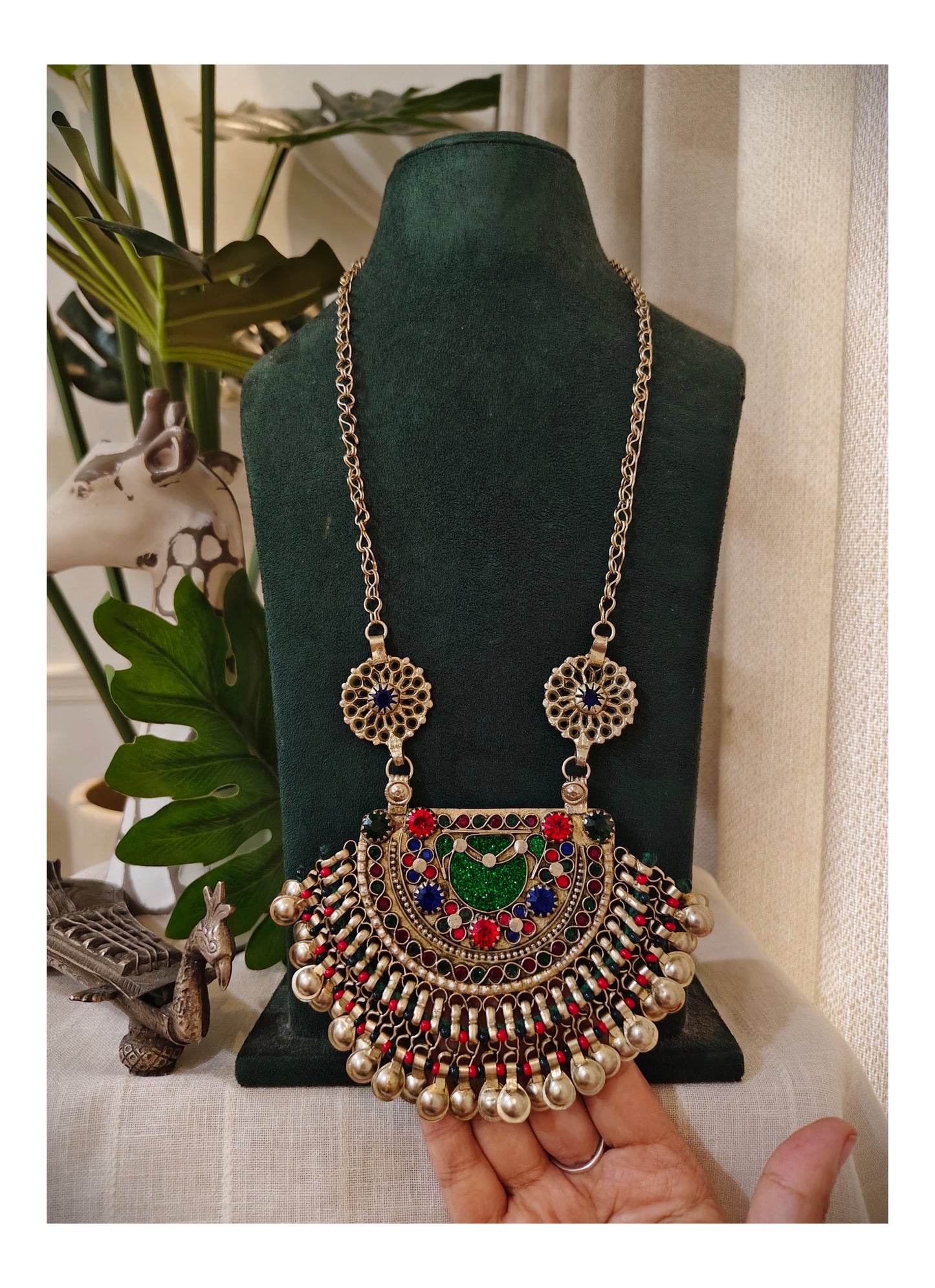 Beautiful Vintage Afghani Chaand Stone Embedded Pendant Necklace