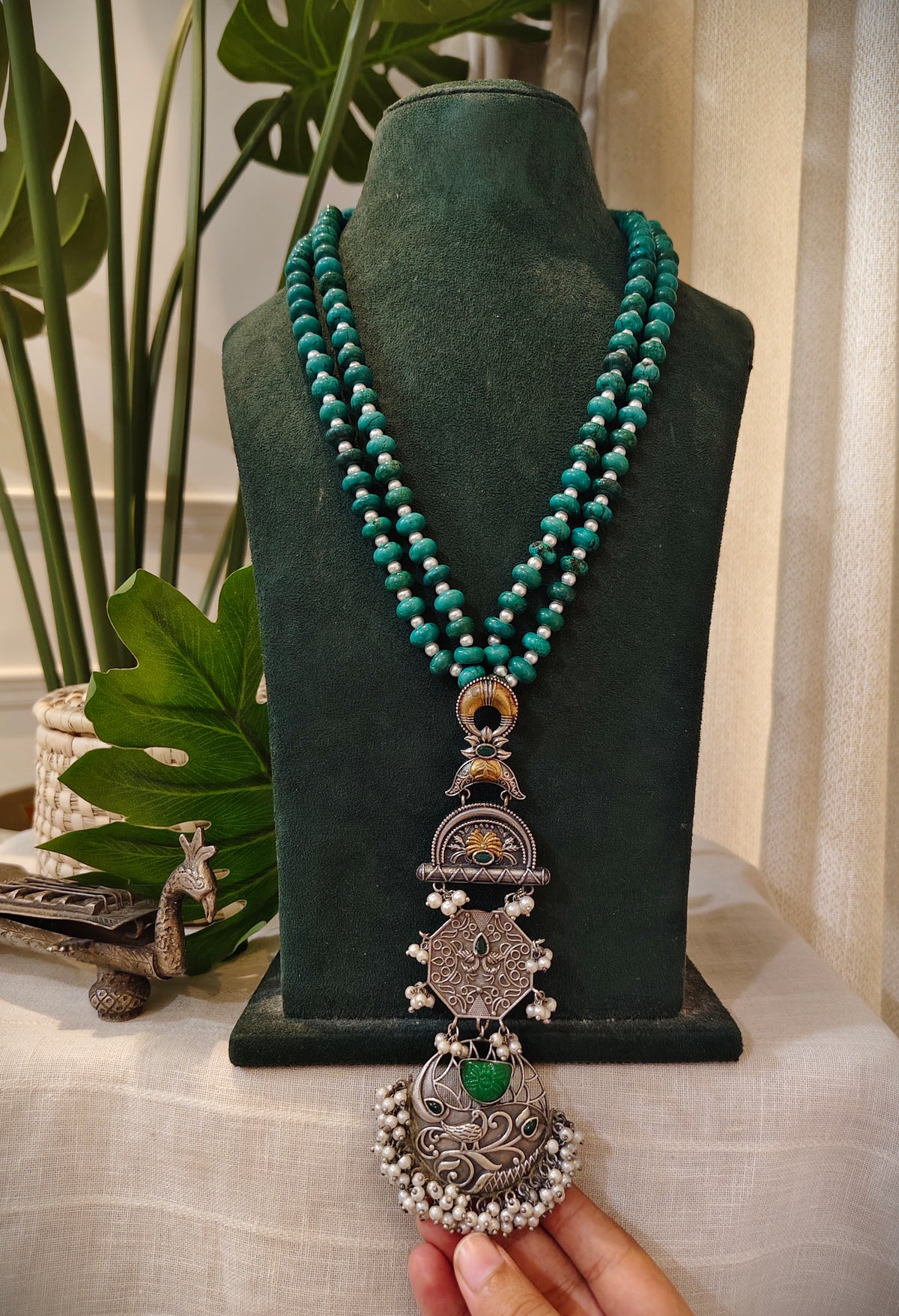 Beautiful Designer Stone Embedded Dual Tone Long Pendant Necklace