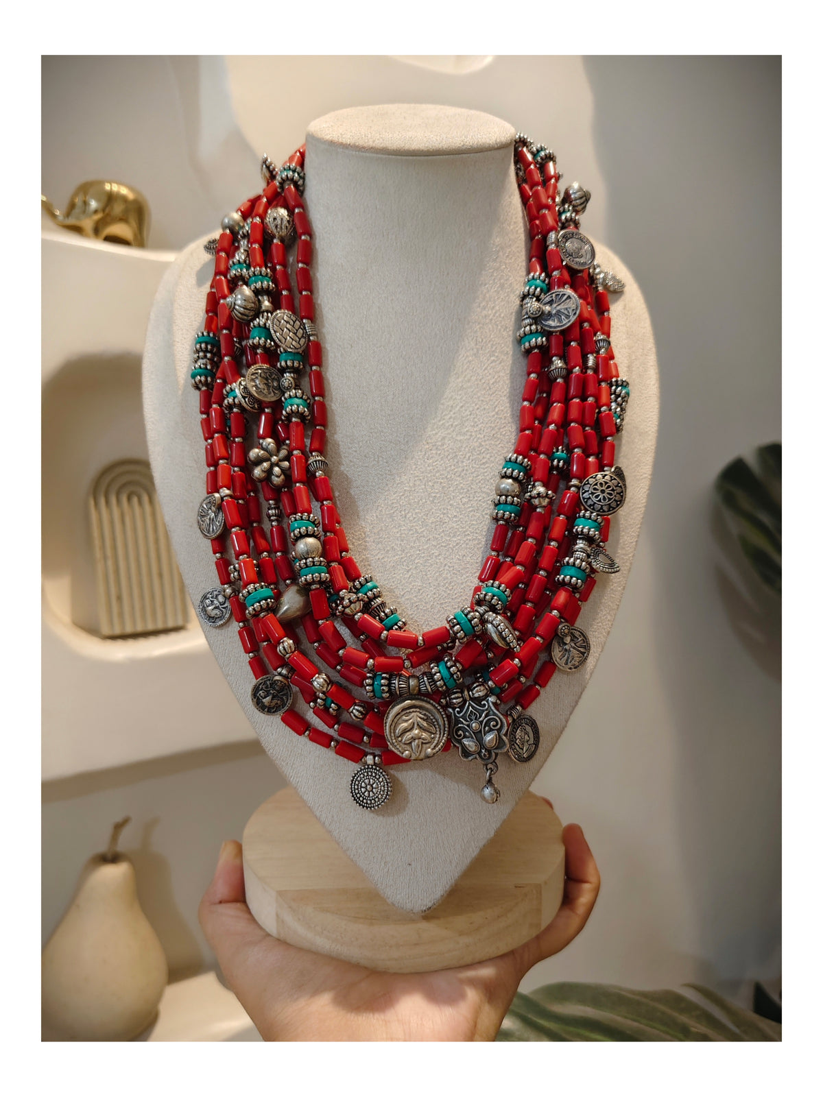 Beautiful Designer Coral Beads With Charms Mix Layered Chunky Gypsy Necklace