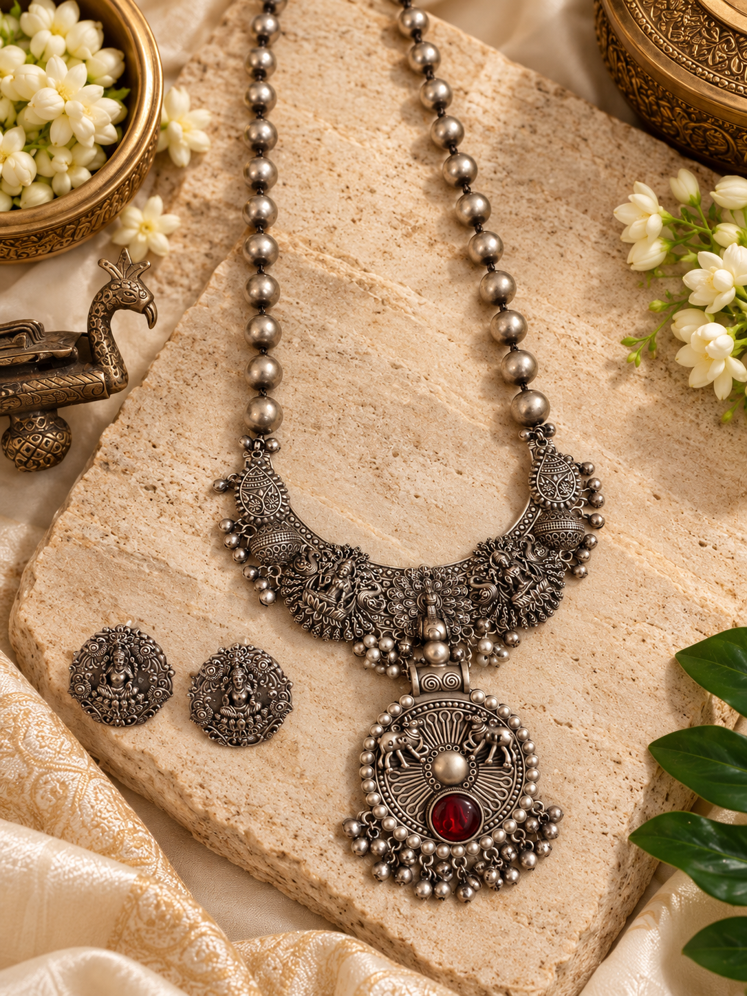 Beautiful Designer Fusion Peacock Chaand With Pendant Ball Chain Necklace & Earrings