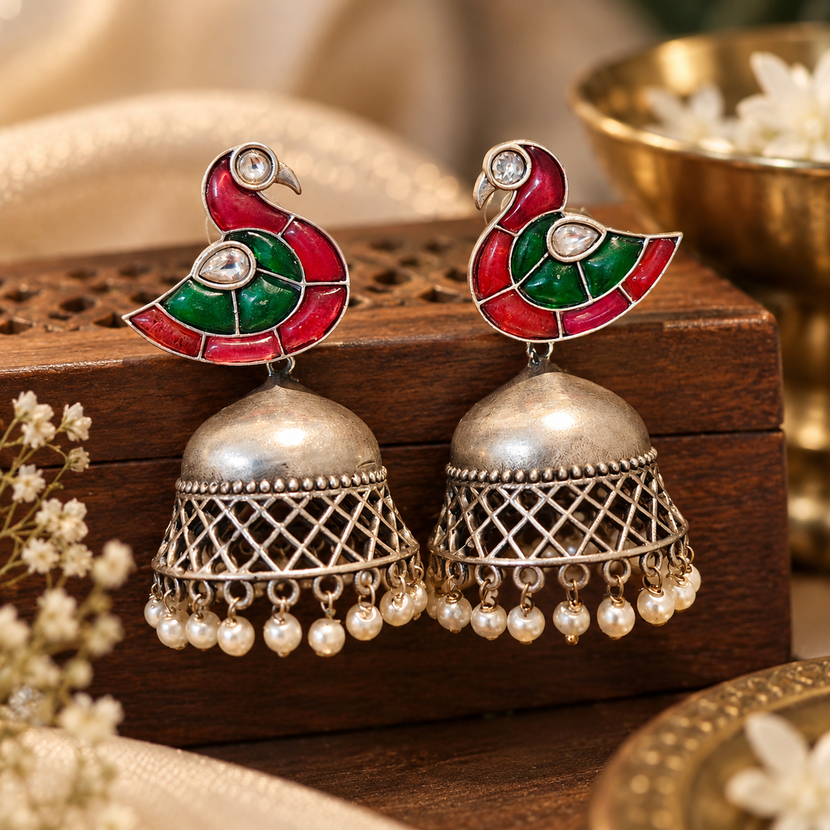 Beautiful Designer Kempstone Peacock Jhumka