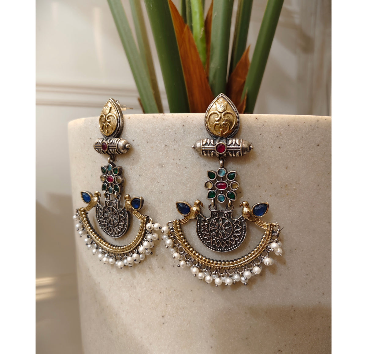 Beautiful Designer Dual Tone Stone Embedded Long Earrings