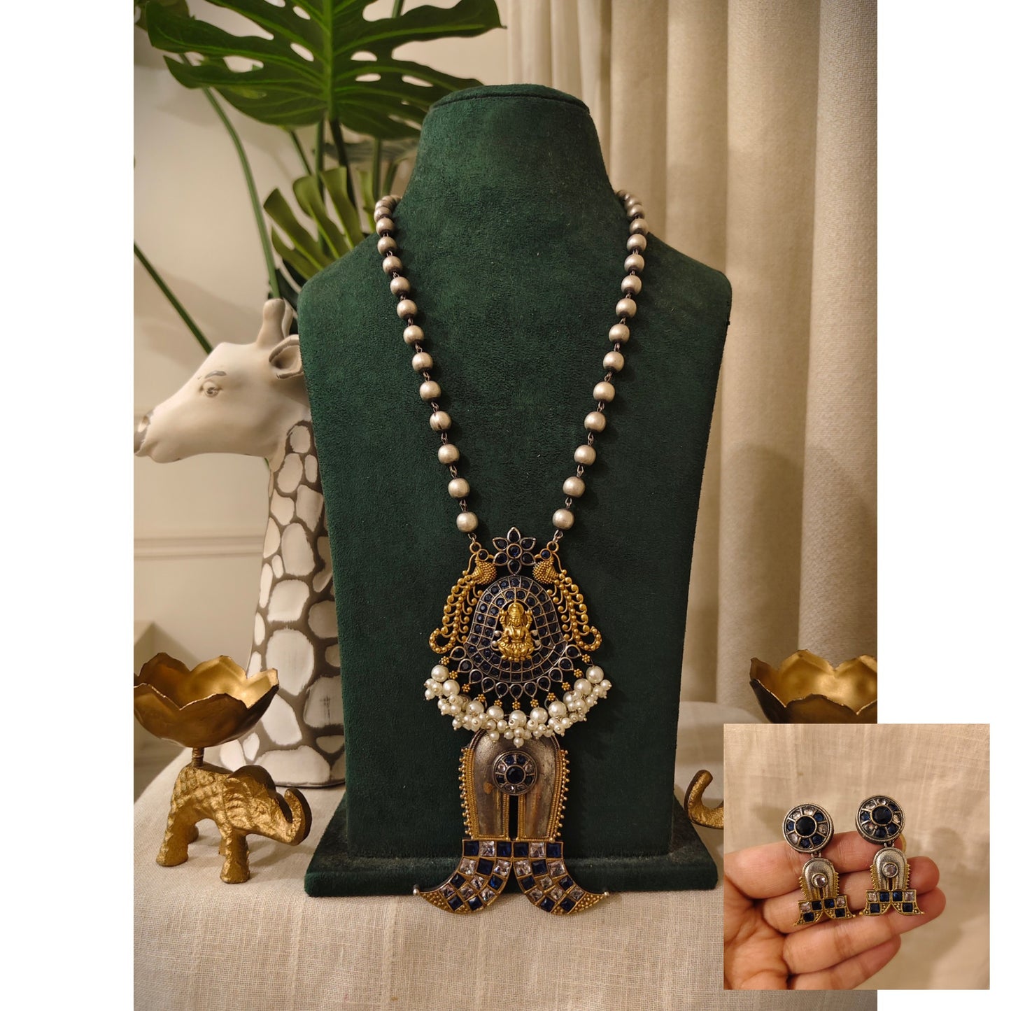 Beautiful Designer Dual Tone Stone Embedded Pendant Necklace With Earrings