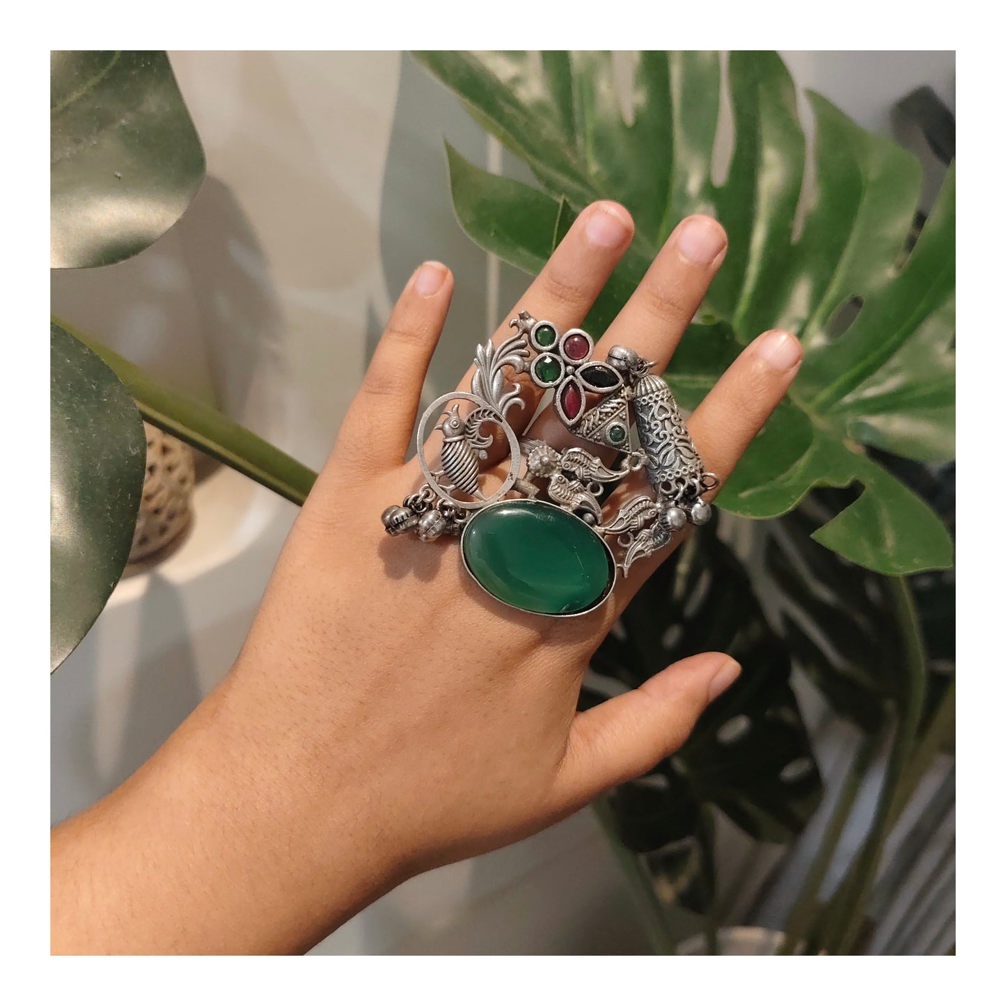 Beautiful Designer Stone Embedded Fusion Adjustable Ring