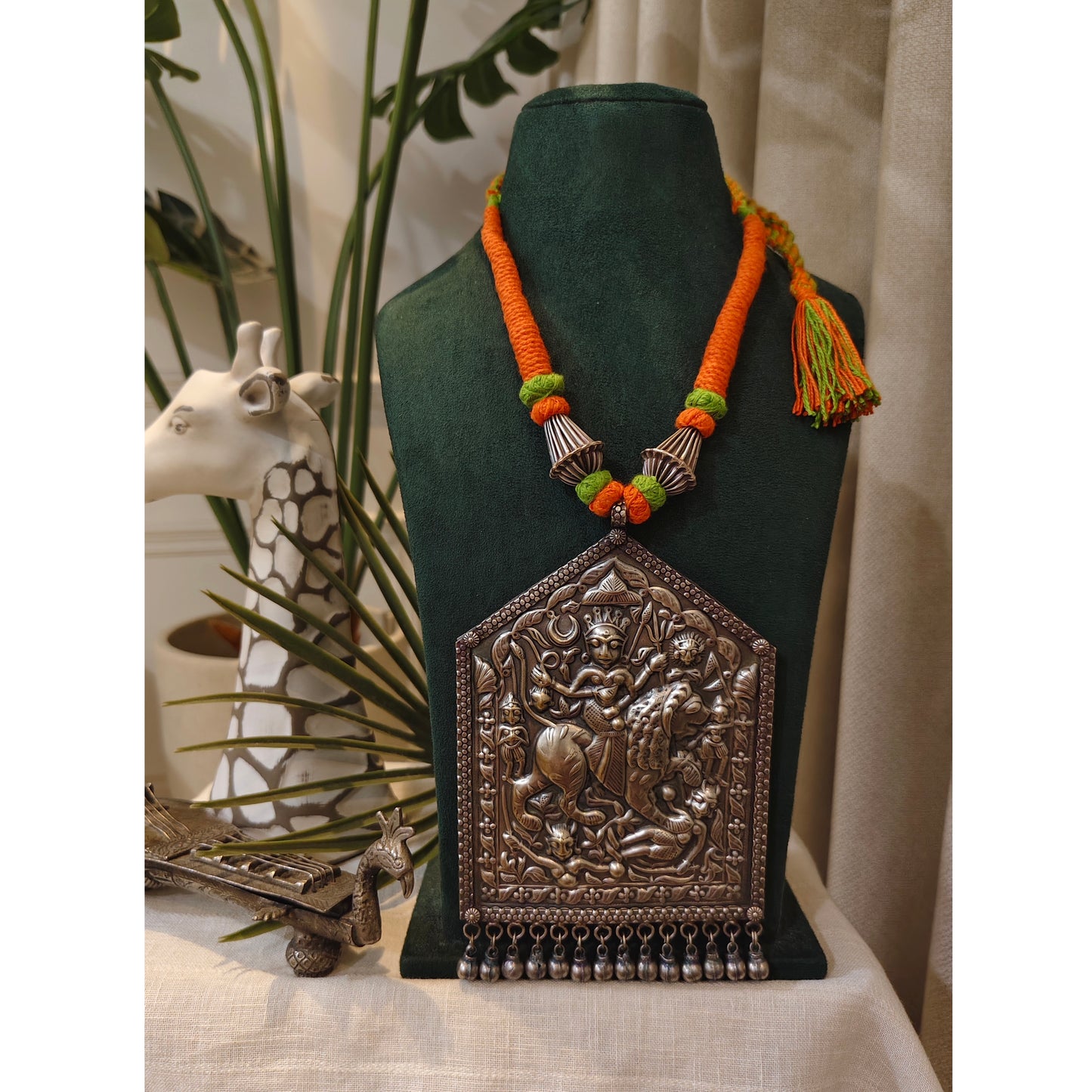 Beautiful Designer Thappa Work Huge Pendant Colorful Dori Necklace