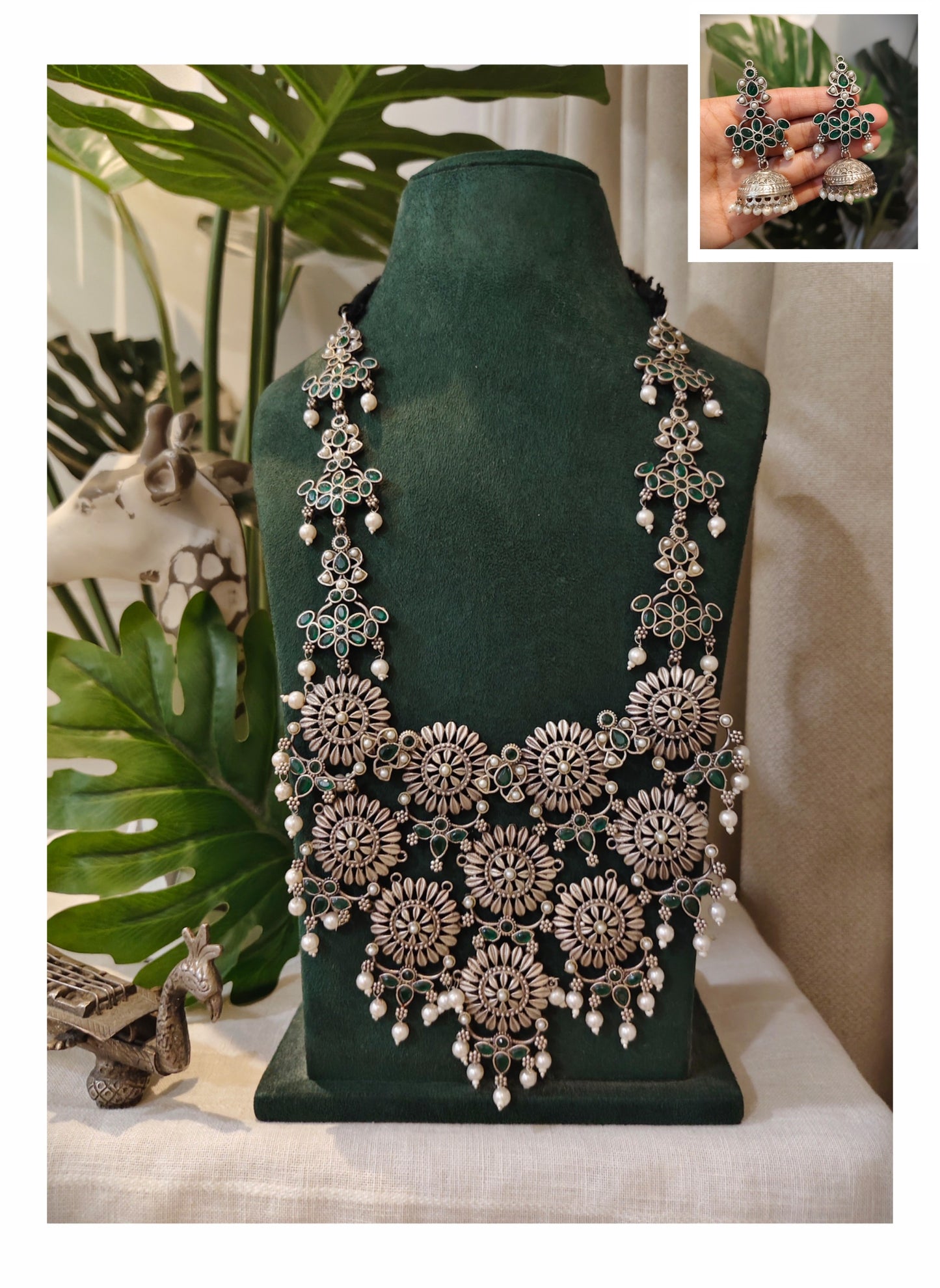 Beautiful Designer Stone Embedded Huge Necklace With Earrings