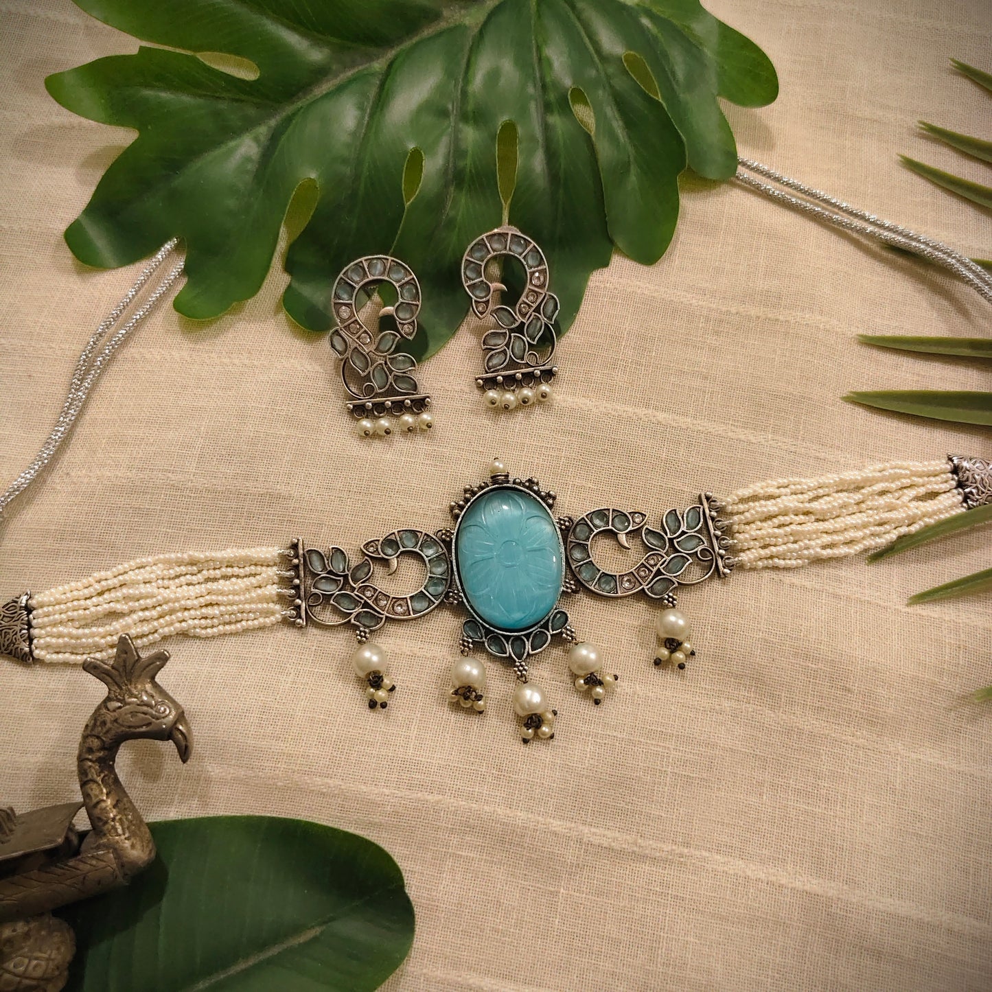 Beautiful Designer Peacock Stone Embedded Choker With Earrings