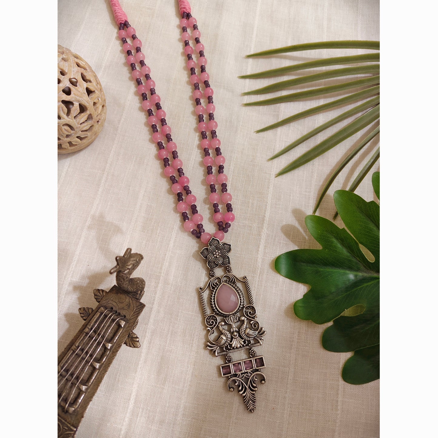 Beautiful Designer Stone Embedded Pendant Long Beaded Necklace