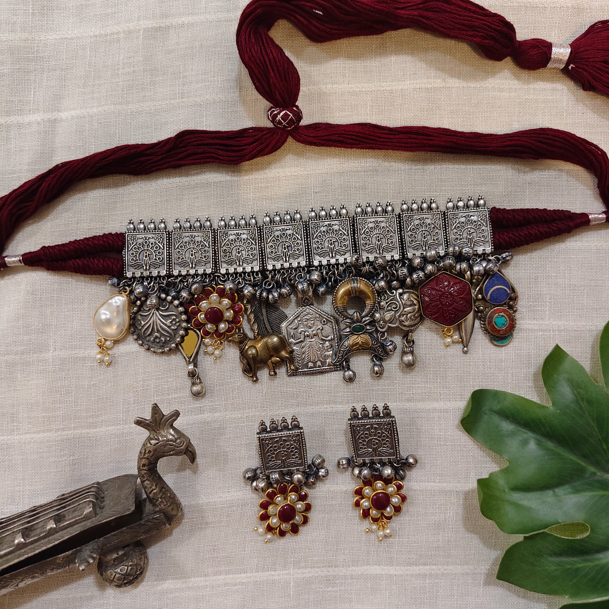 Beautiful Designer Charms Mix Statement Choker With Earrings