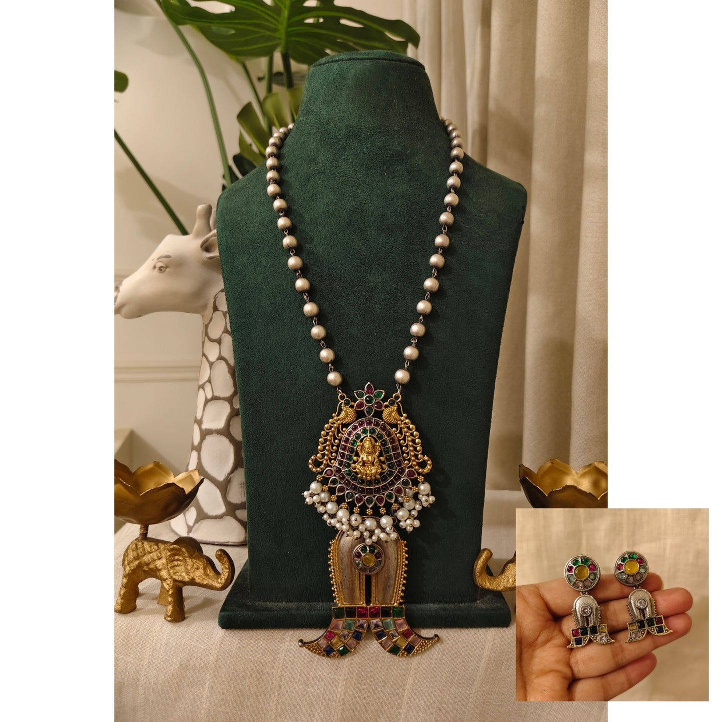 Beautiful Designer Dual Tone Stone Embedded Pendant Necklace With Earrings