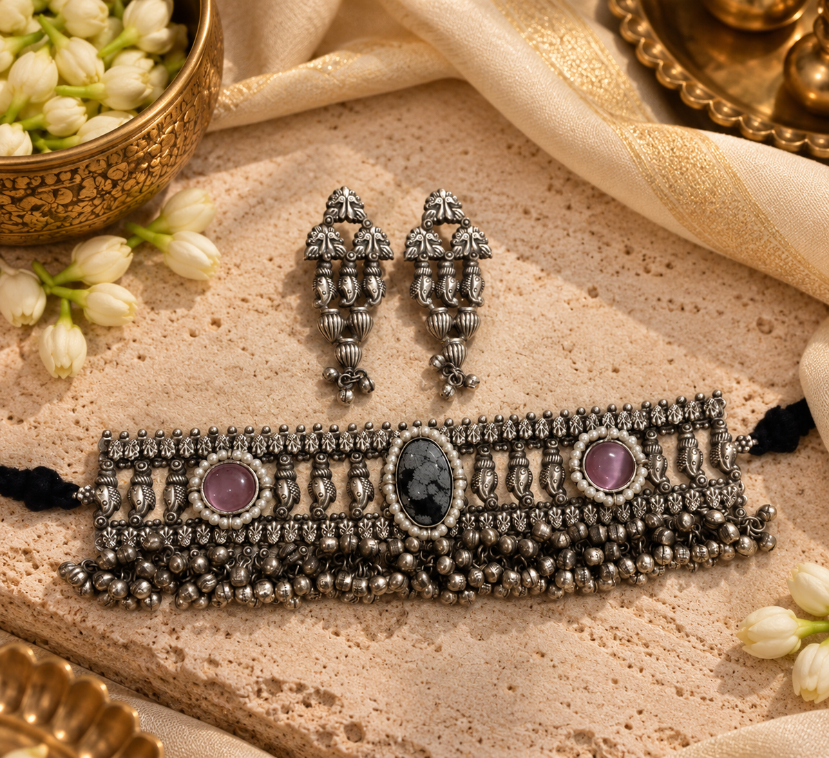 Beautiful Designer Stone Embedded Choker With Earrings