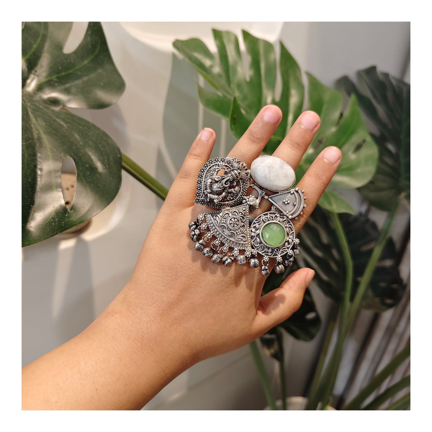 Beautiful Designer Stone Embedded Fusion Adjustable Ring