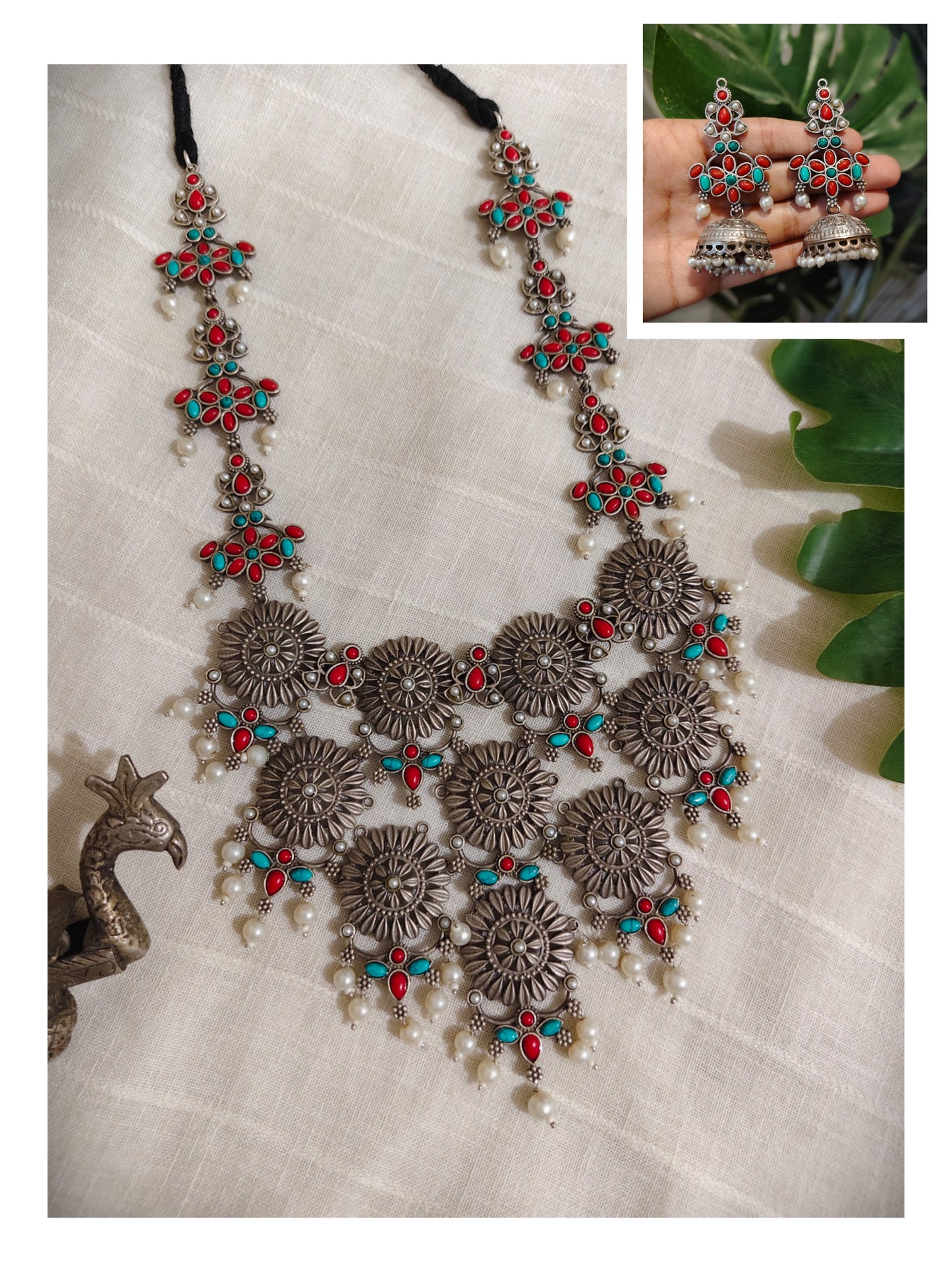 Beautiful Designer Stone Embedded Huge Necklace With Earrings