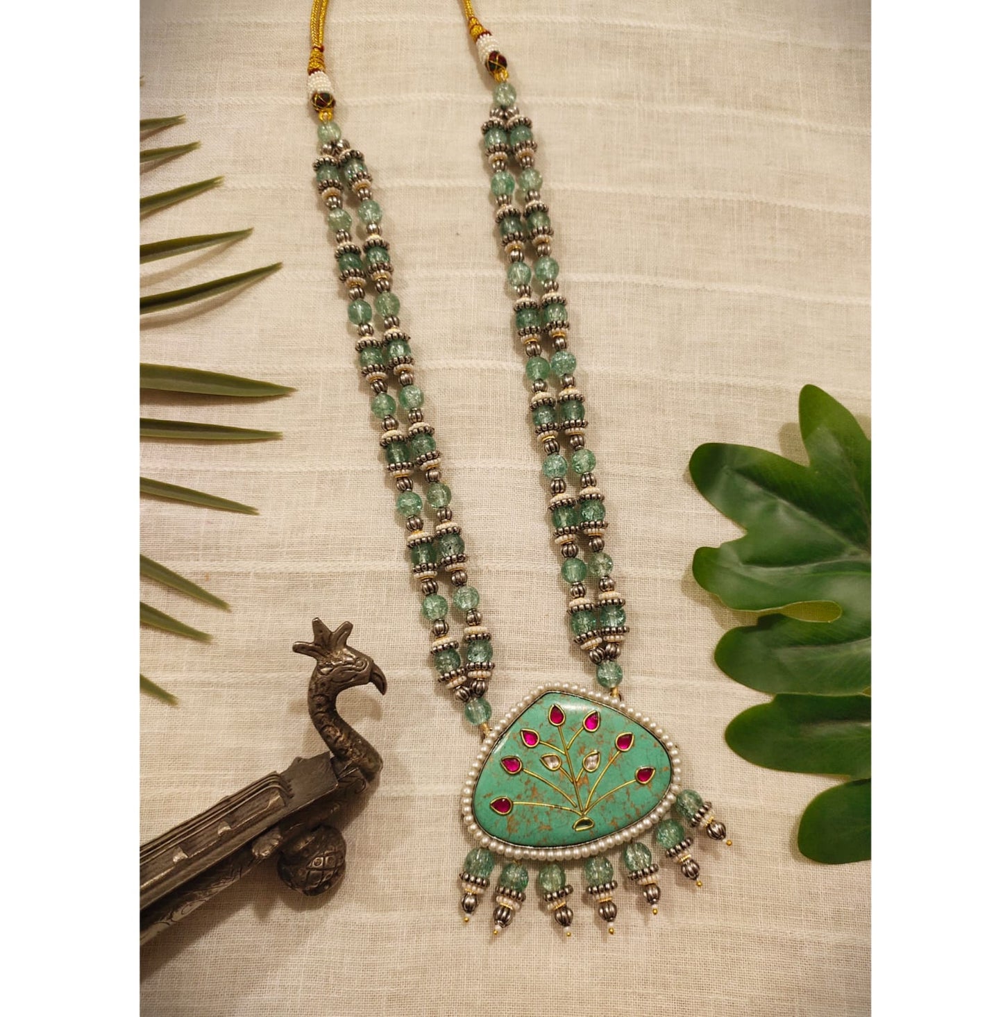 Beautiful Designer Turquoise Pendant Beaded Necklace (No Earrings)