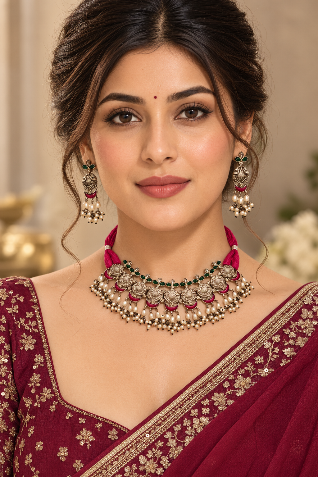 Beautiful Designer Kempstone Detailing Neckpiece With Earrings