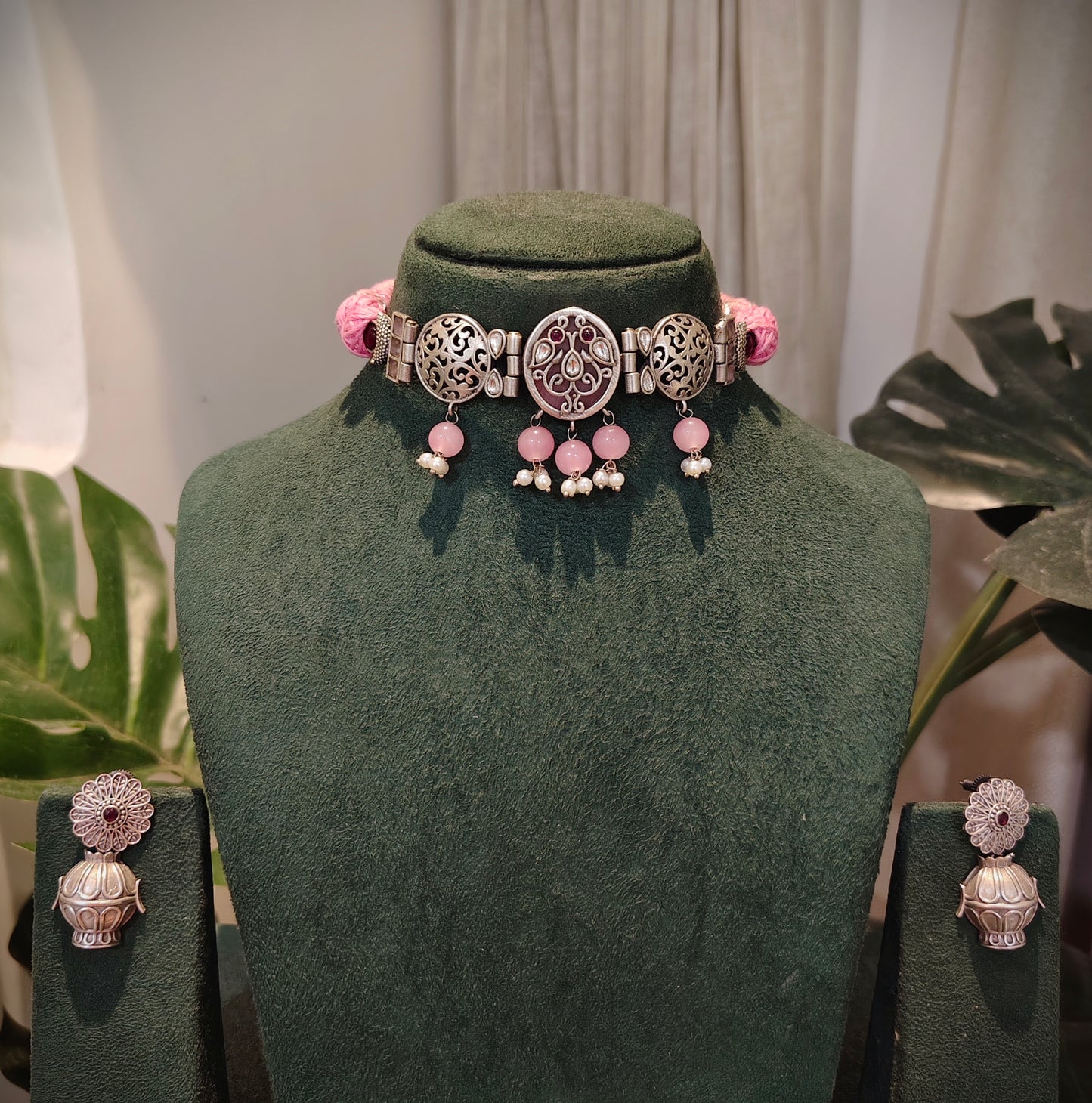 Beautiful Designer Stone Embedded Sleek Choker With Earrings