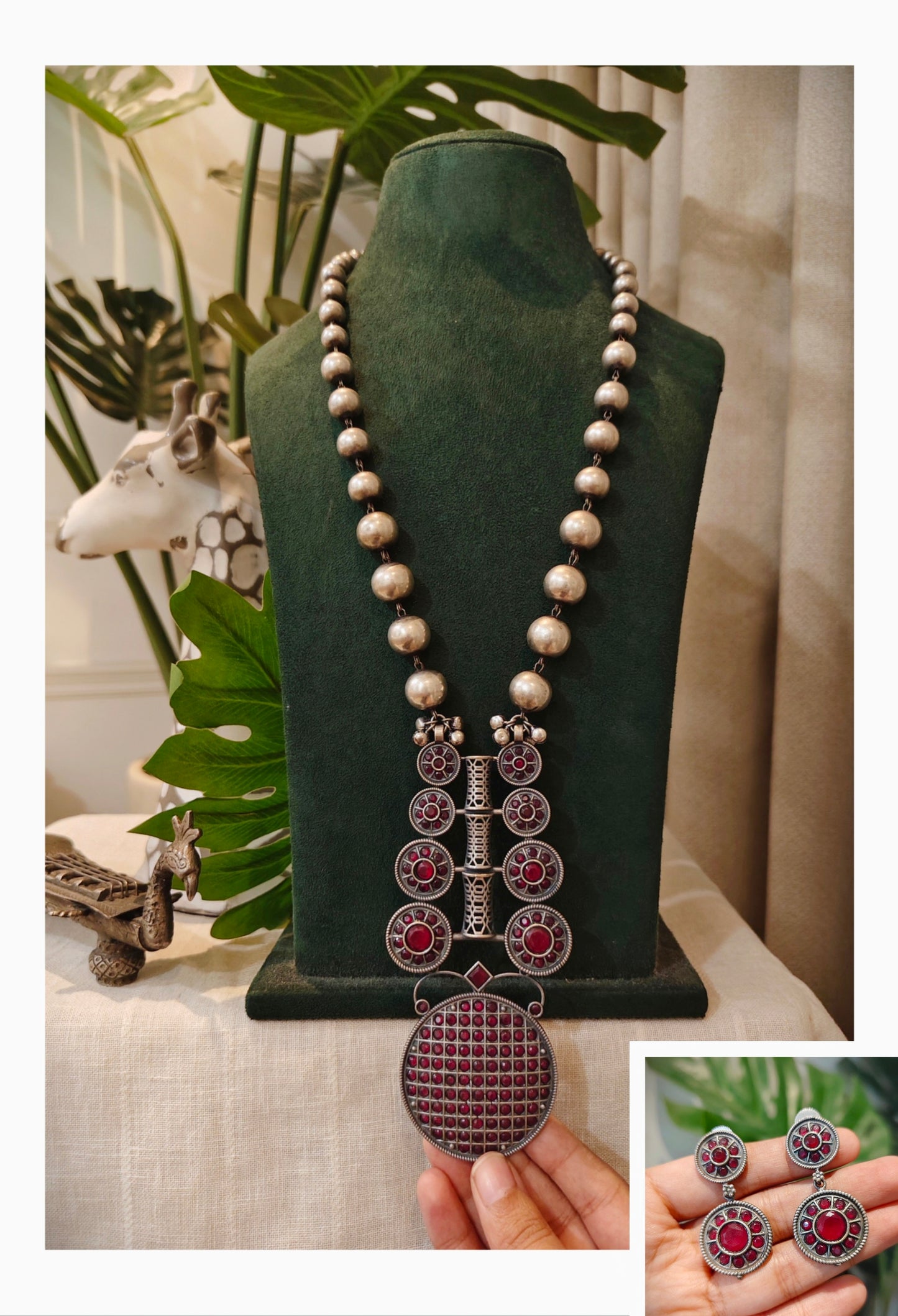 Beautiful Designer Stone Embedded Pendant Long Ball Chain Necklace With Earrings