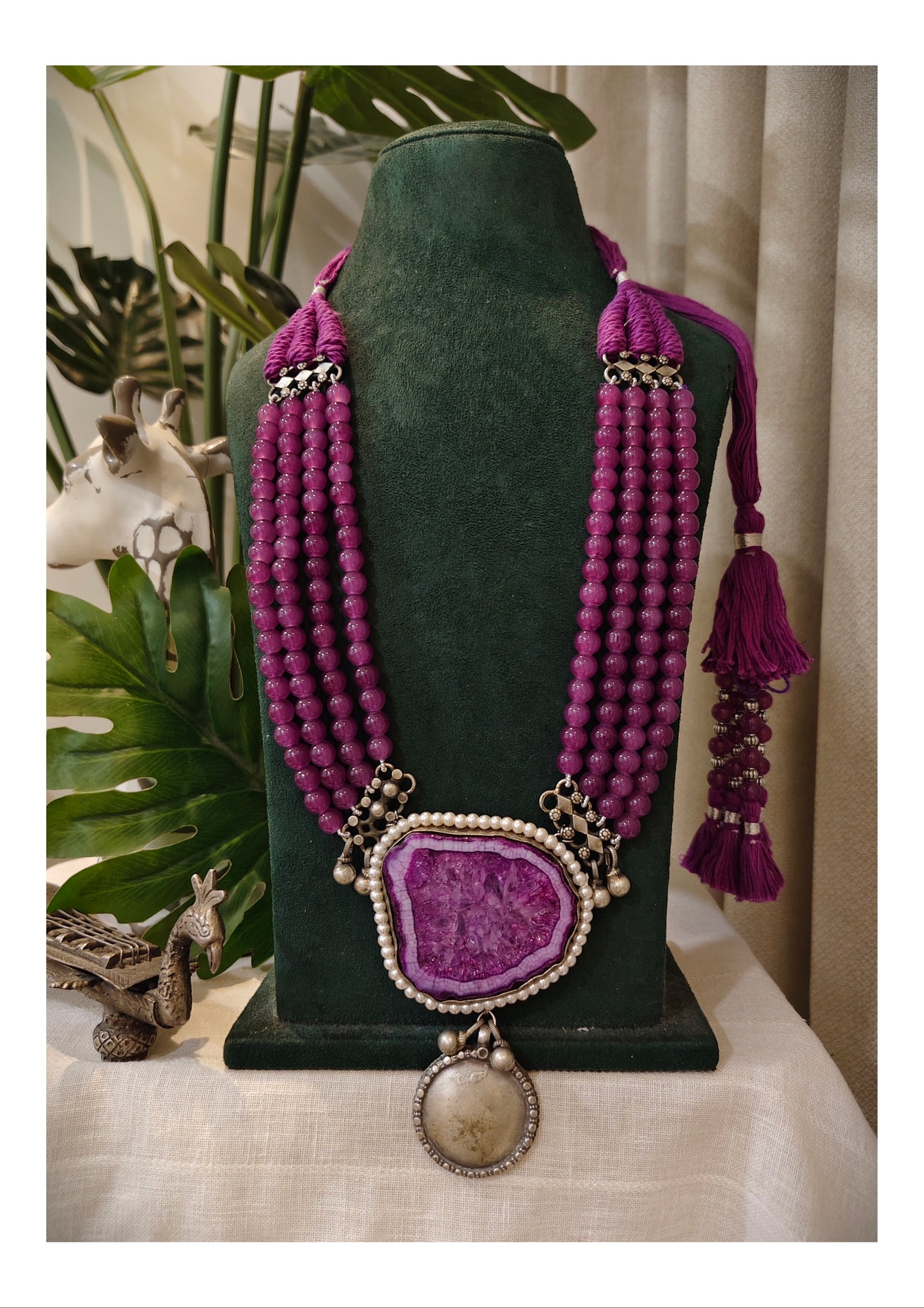 Beautiful Designer Natural Stone Pendant With Japanese Glass Beads Long Necklace