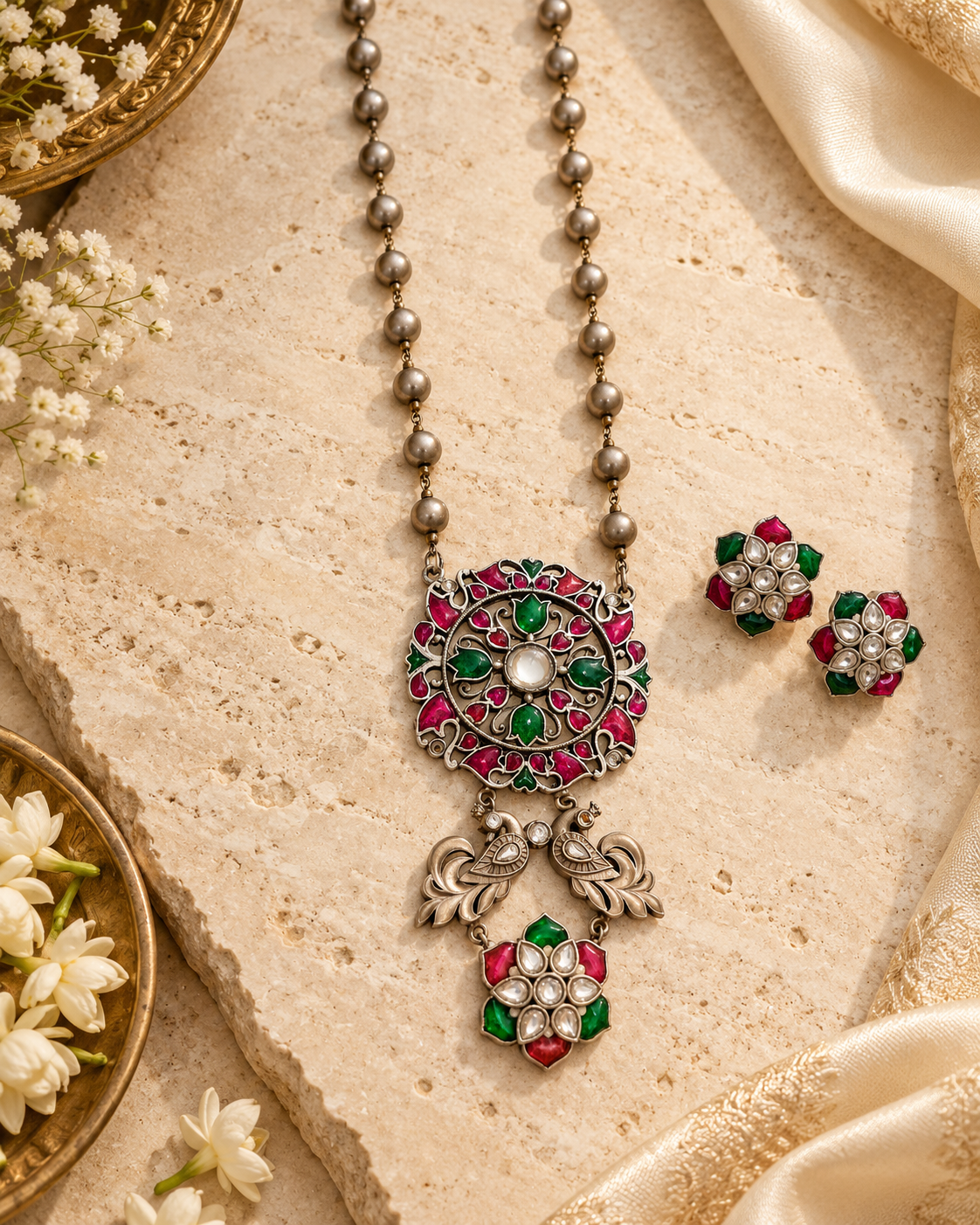 Beautiful Designer Kempstone Peacock Pendant Necklace With Earrings