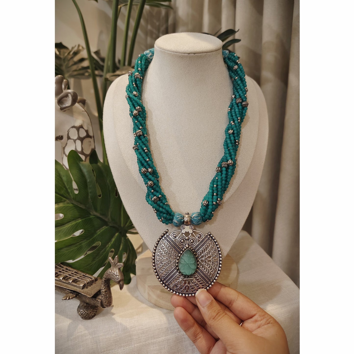 Beautiful Designer Stone Embedded Pendant With Twisted Beaded Mala Necklace