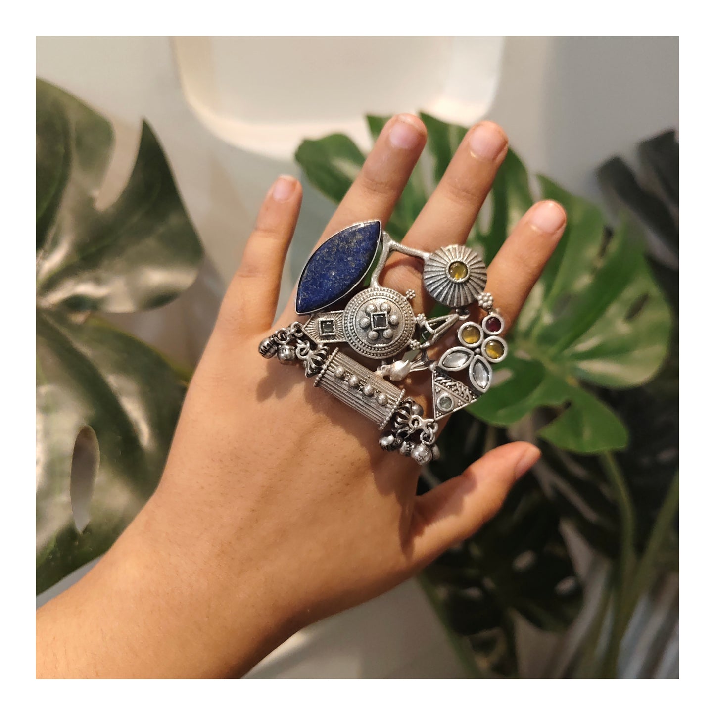 Beautiful Designer Stone Embedded Fusion Adjustable Ring