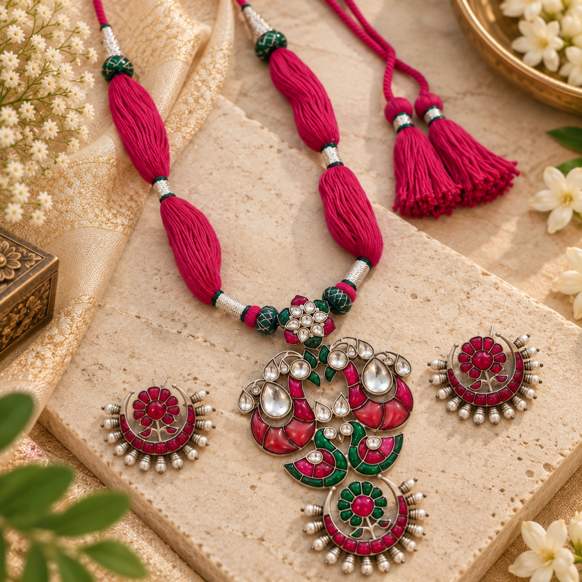 Beautiful Designer Kempstone Peacock Pendant Necklace With Earrings