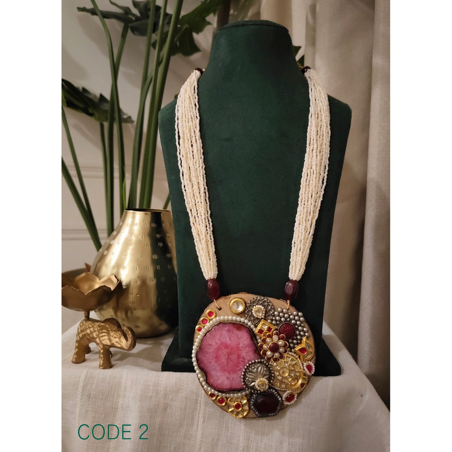 Beautiful Designer Wooden Kundan Detailing Pendant Long Necklace