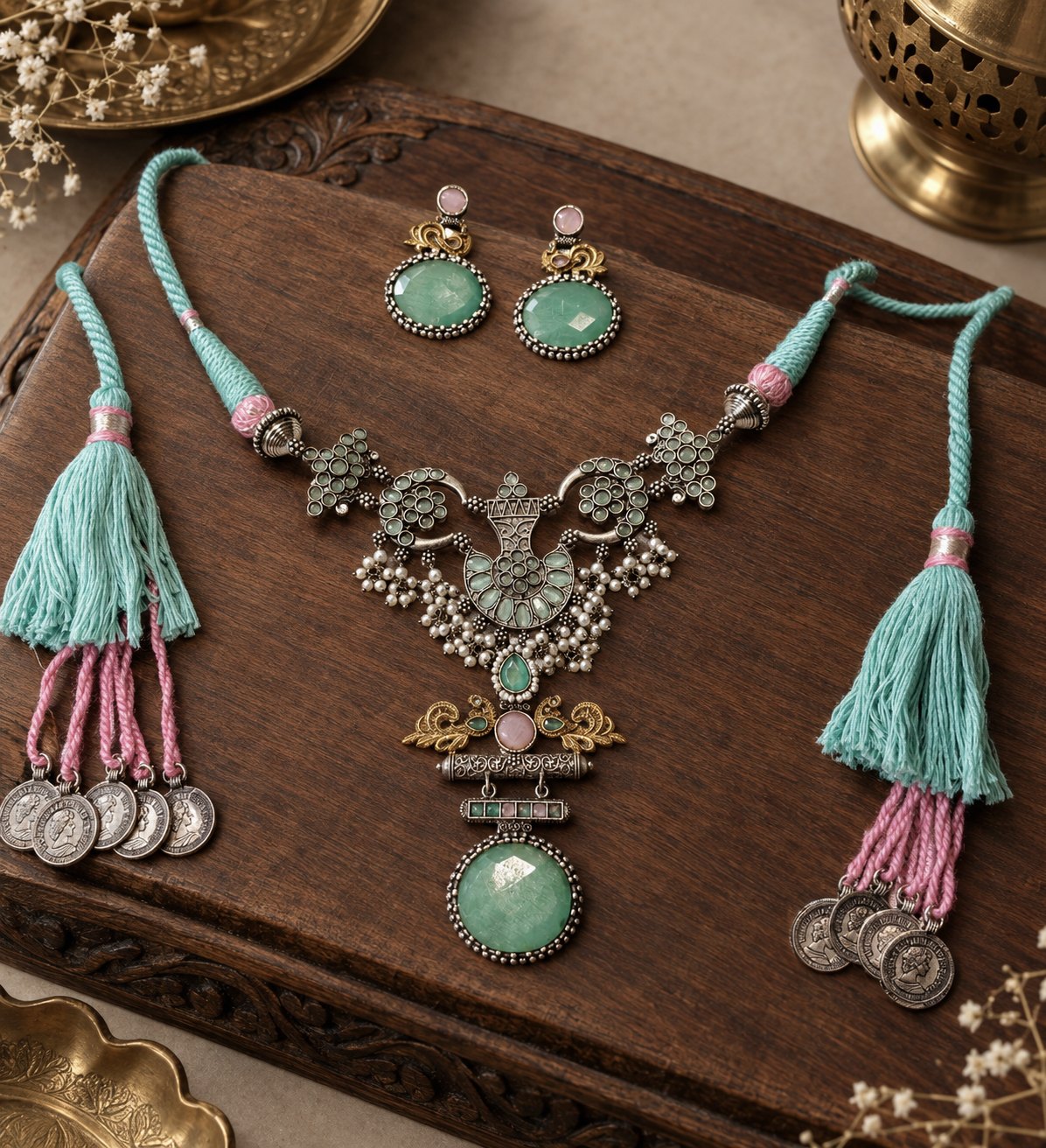 Beautiful Designer Stone Embedded Peacock Pendant Neckpiece With Earrings