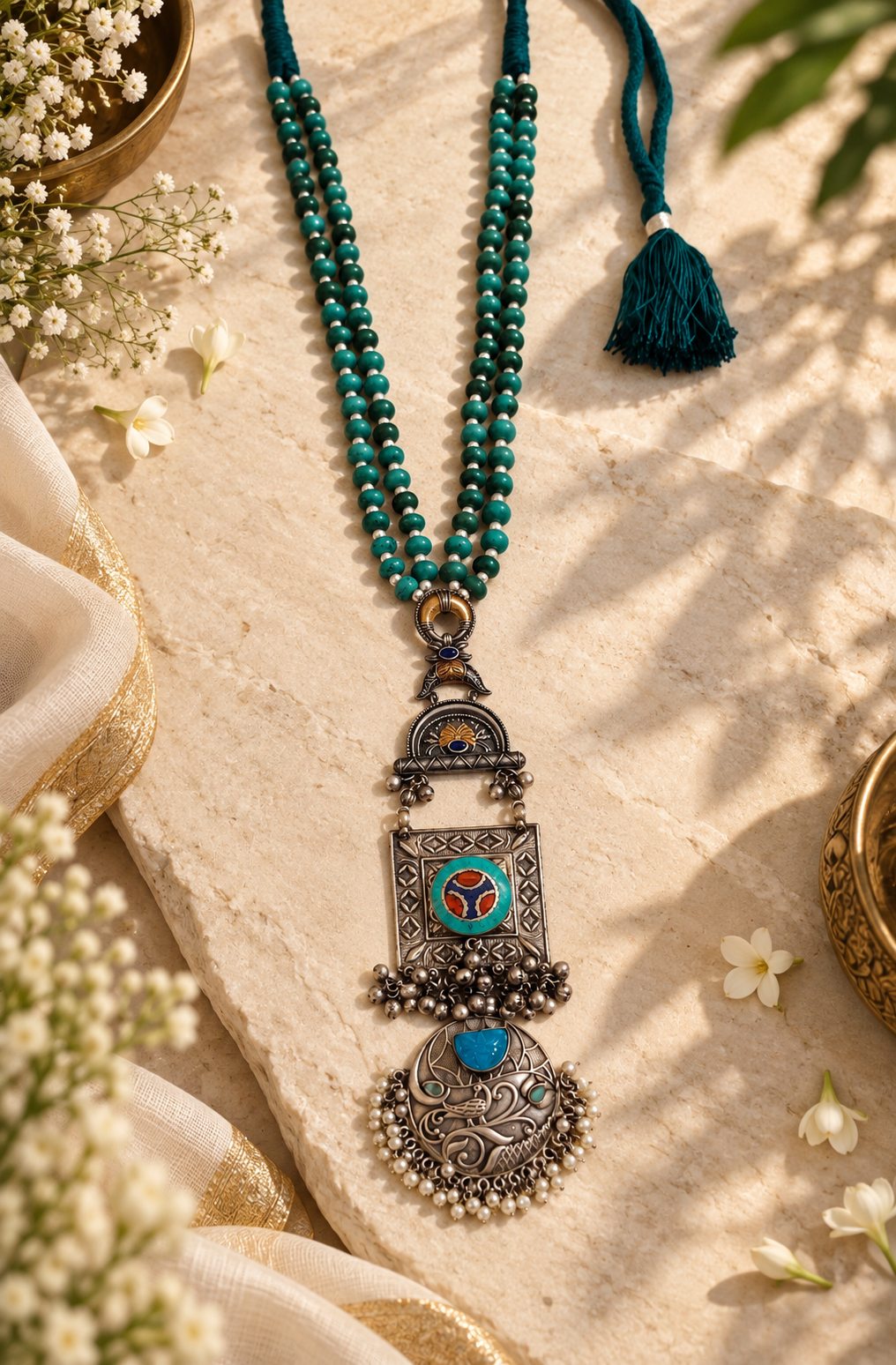 Beautiful Designer Stone Embedded Dual Tone Long Pendant Necklace