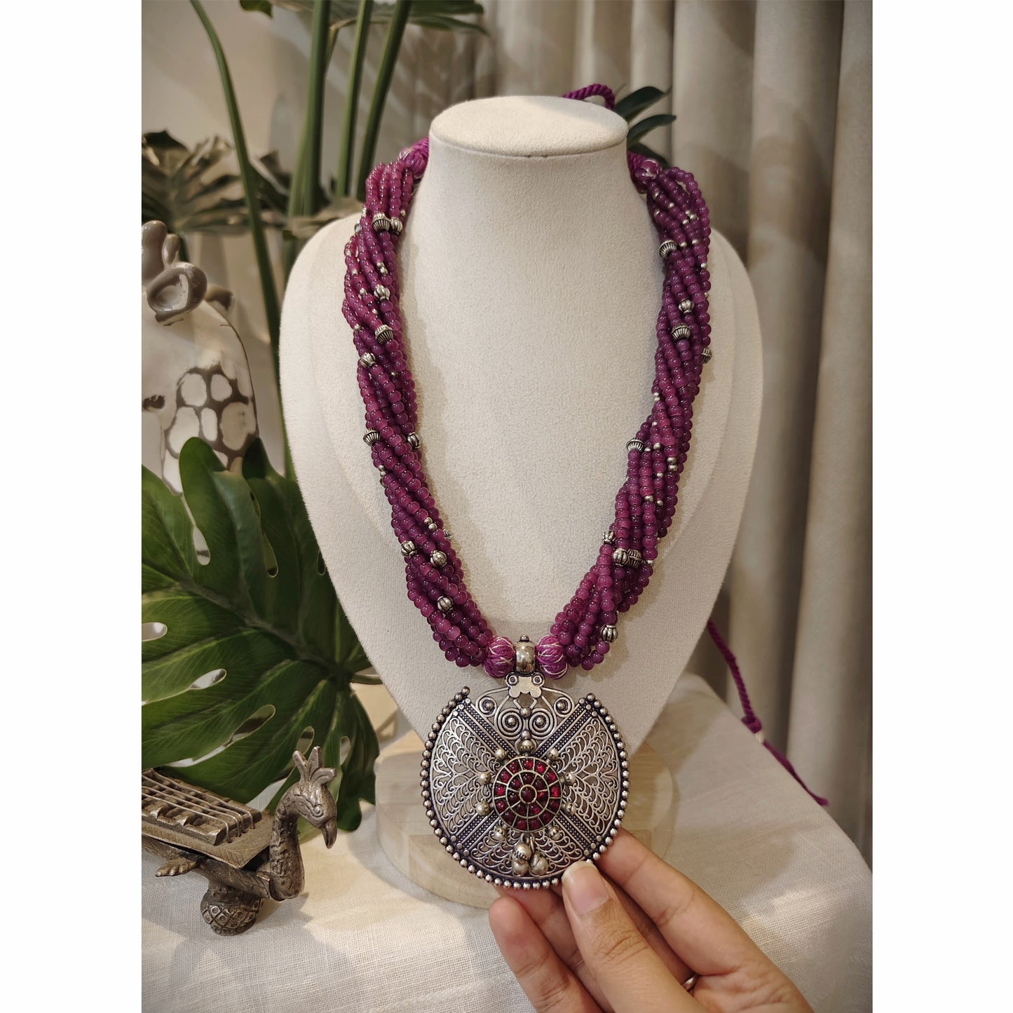 Beautiful Designer Stone Embedded Pendant With Twisted Beaded Mala Necklace