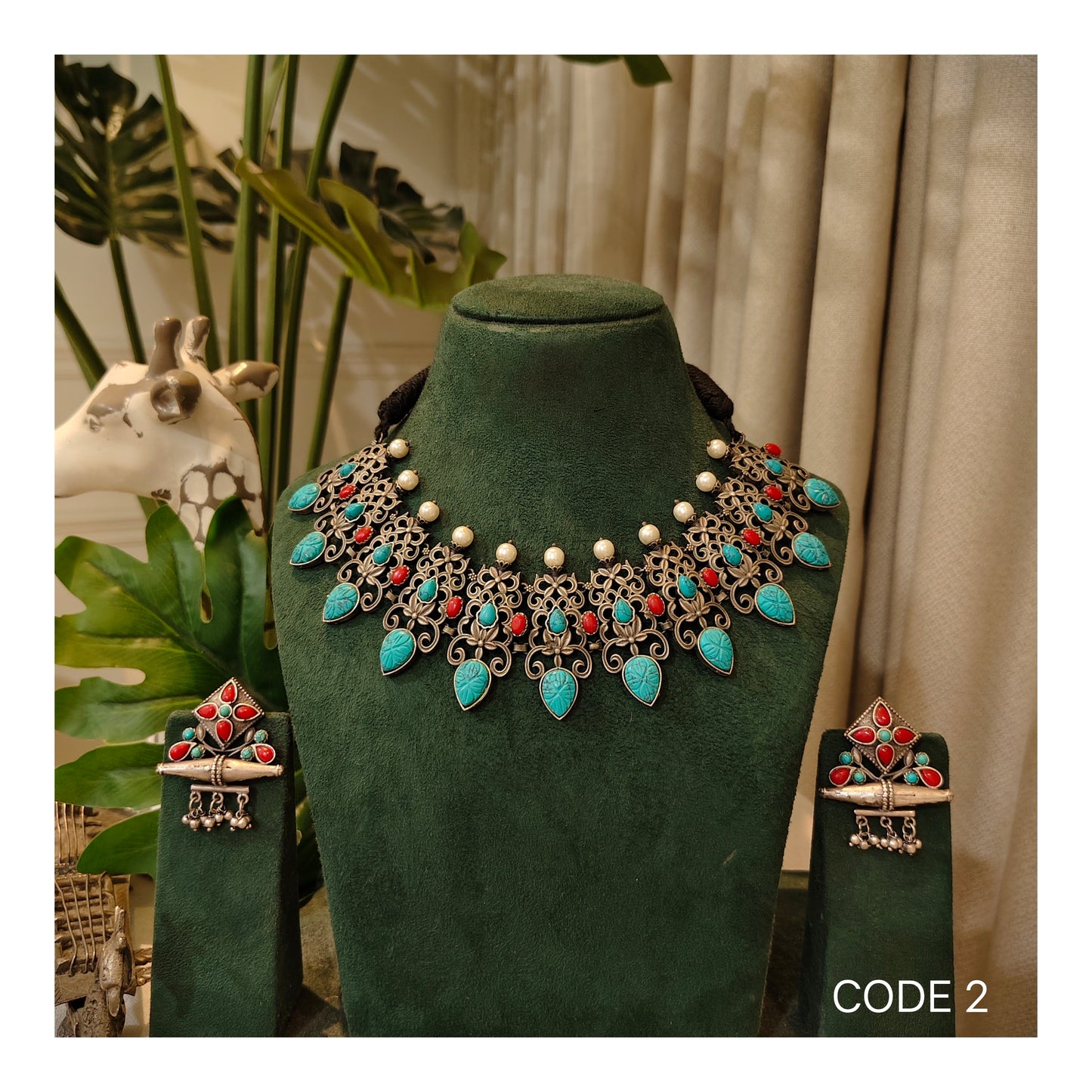 Beautiful Designer Firoza & Coral Mix Neckpiece With Earrings