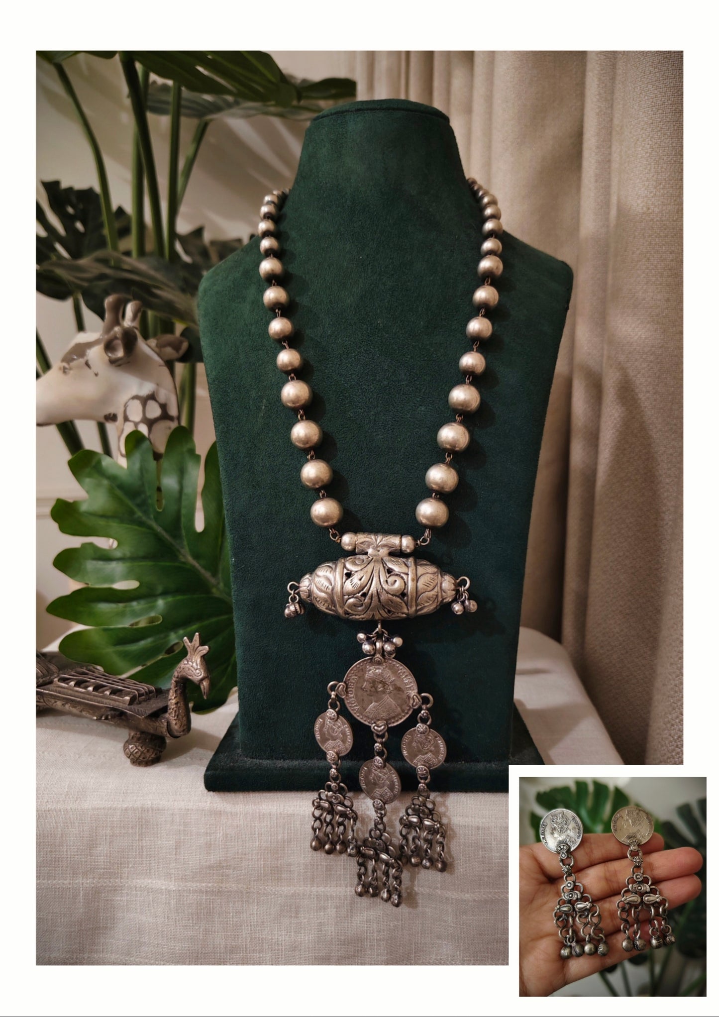 Beautiful Designer Tabeez Pendant With Coin Latkan Long Ball Chain Necklace With Earrings