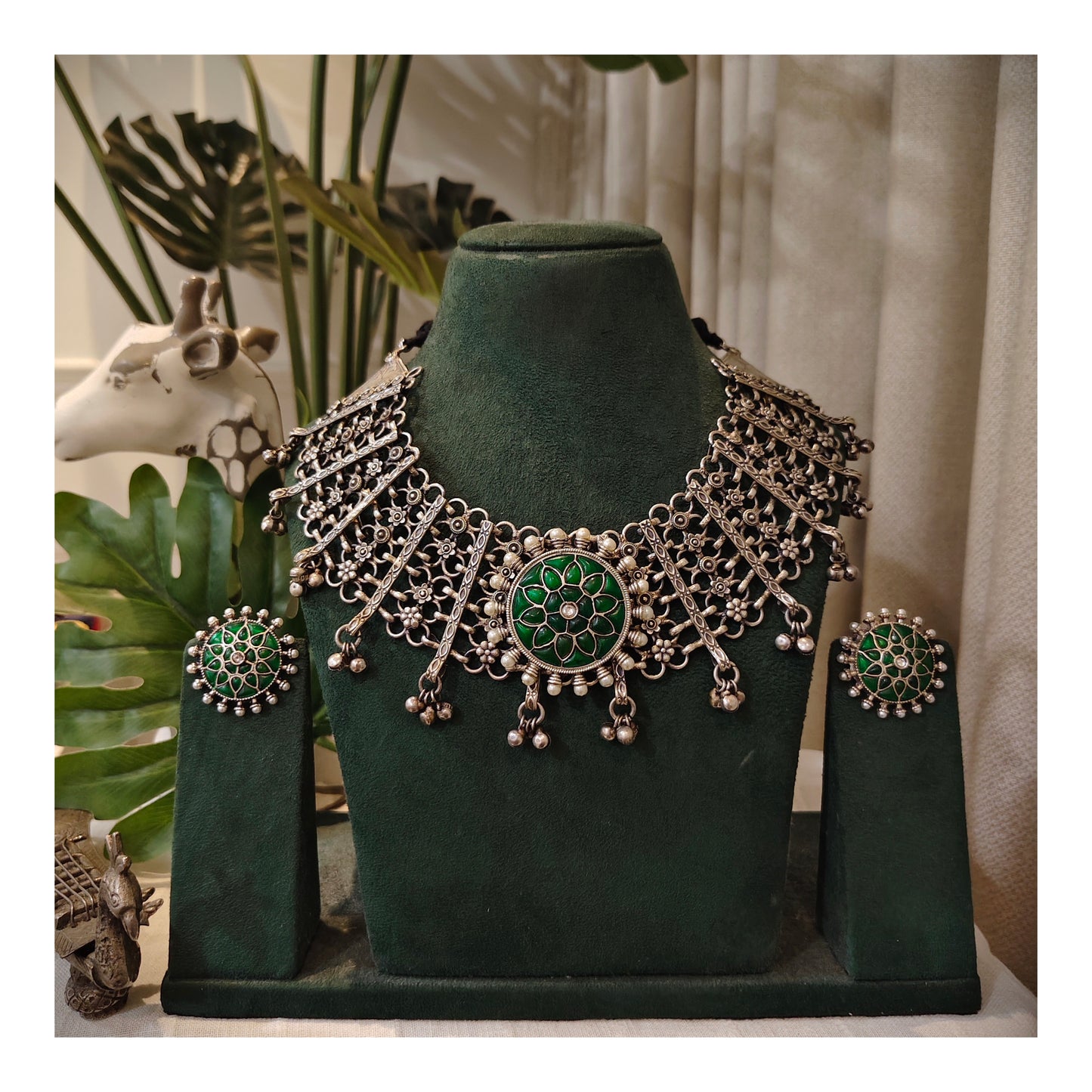 Beautiful Designer Kempstone Detailing Jaal Patta Neckpiece With Earrings