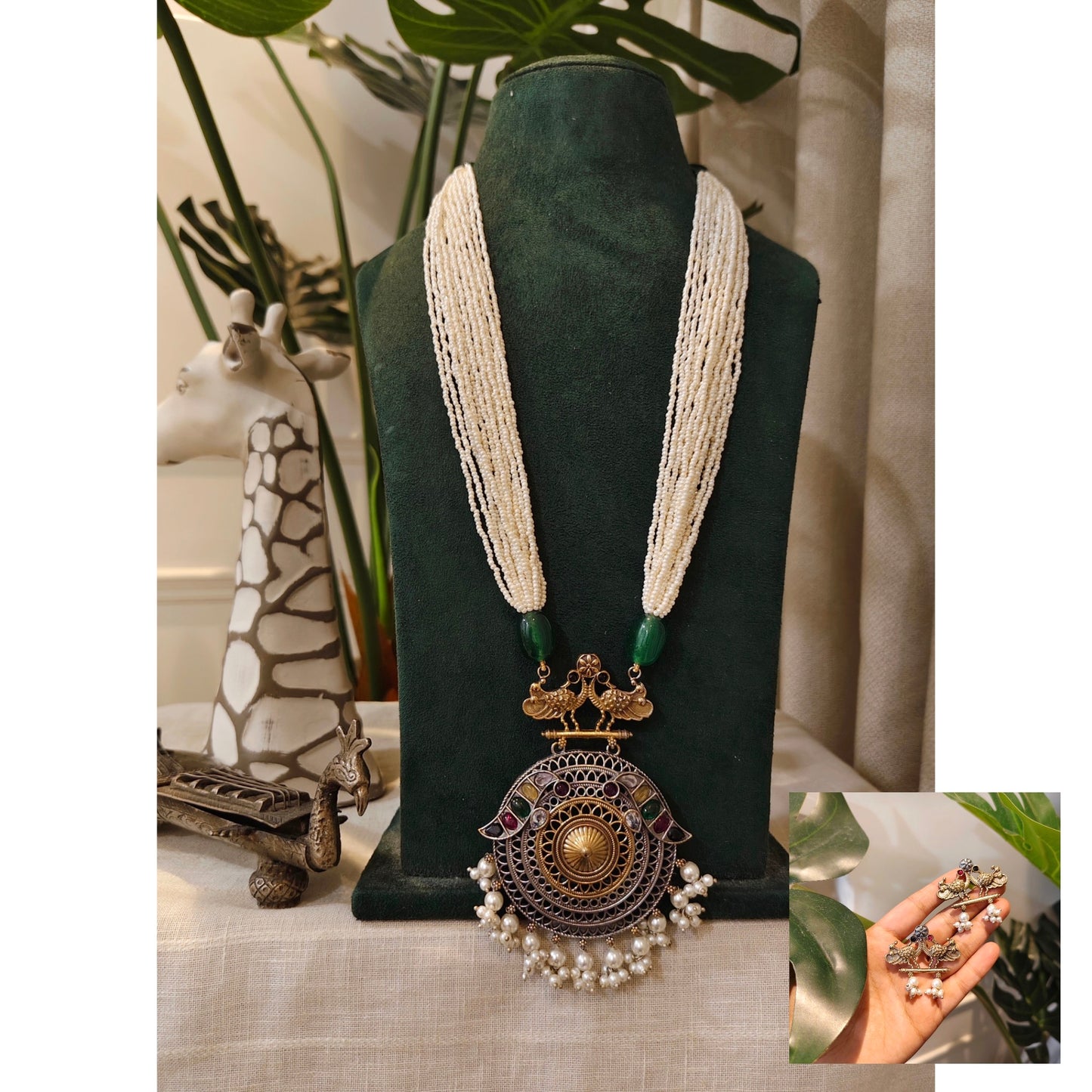 Beautiful Designer Stone Embedded Dual Tone Pendant Long Necklace With Earrings