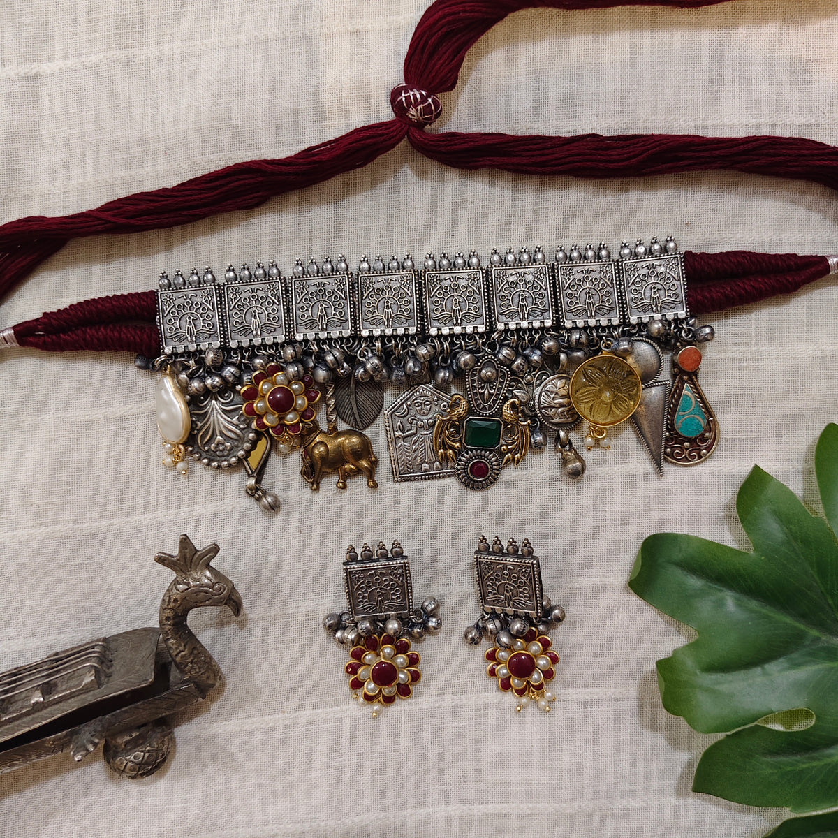 Beautiful Designer Charms Mix Statement Choker With Earrings