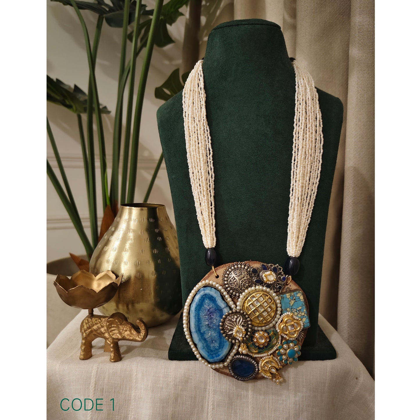 Beautiful Designer Wooden Kundan Detailing Pendant Long Necklace