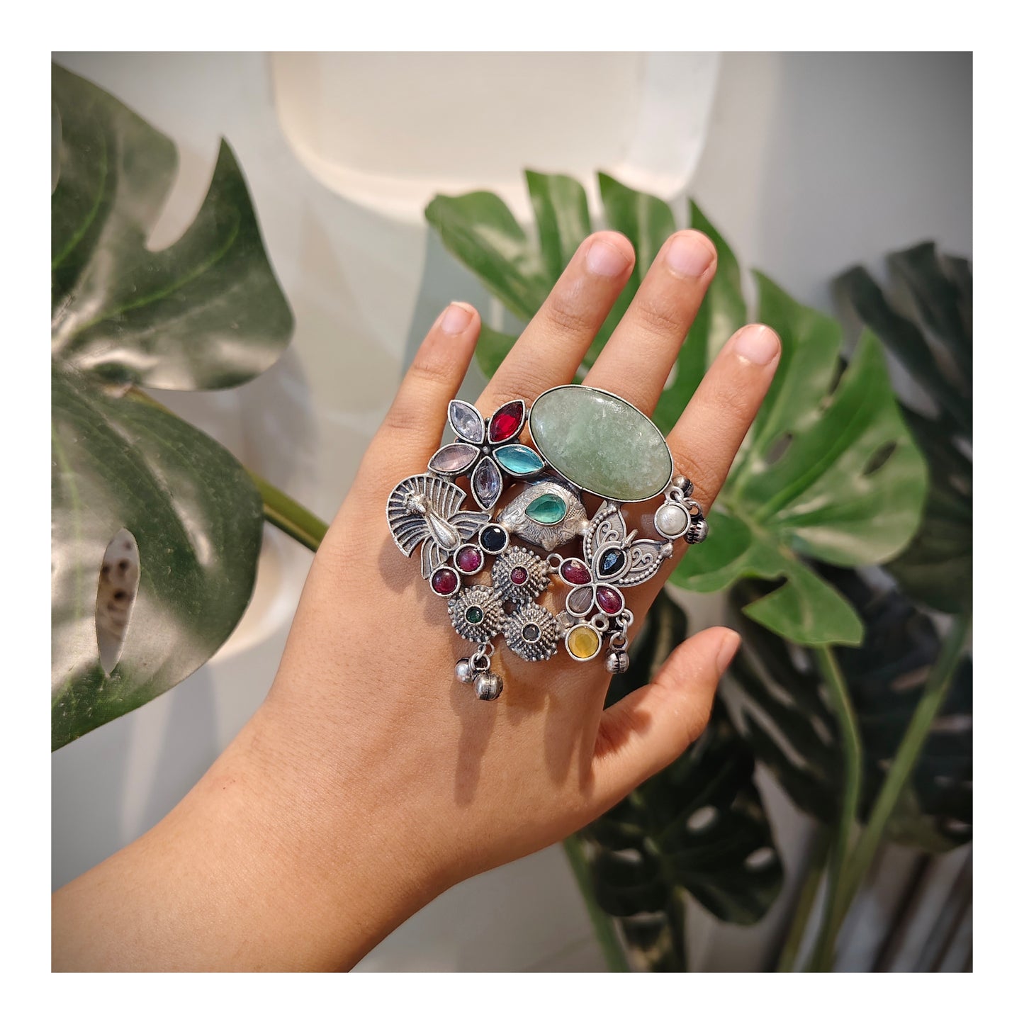 Beautiful Designer Stone Embedded Fusion Adjustable Ring