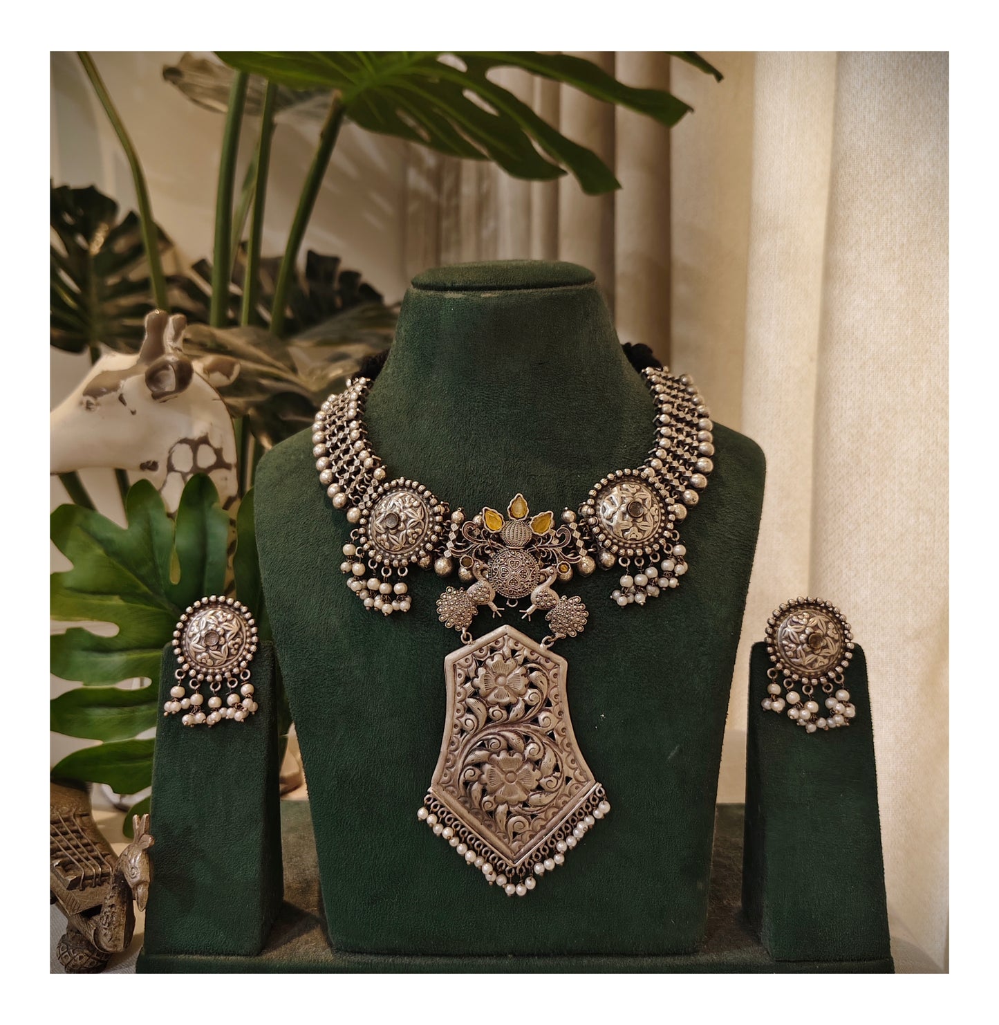 Beautiful Designer Stone Embedded Pendant Neckpiece With Earrings