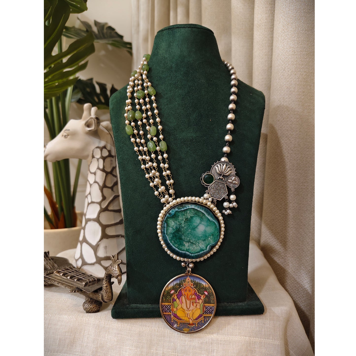 Beautiful Designer Painting & Natural Stone Pendant Stylish Mala Long Necklace