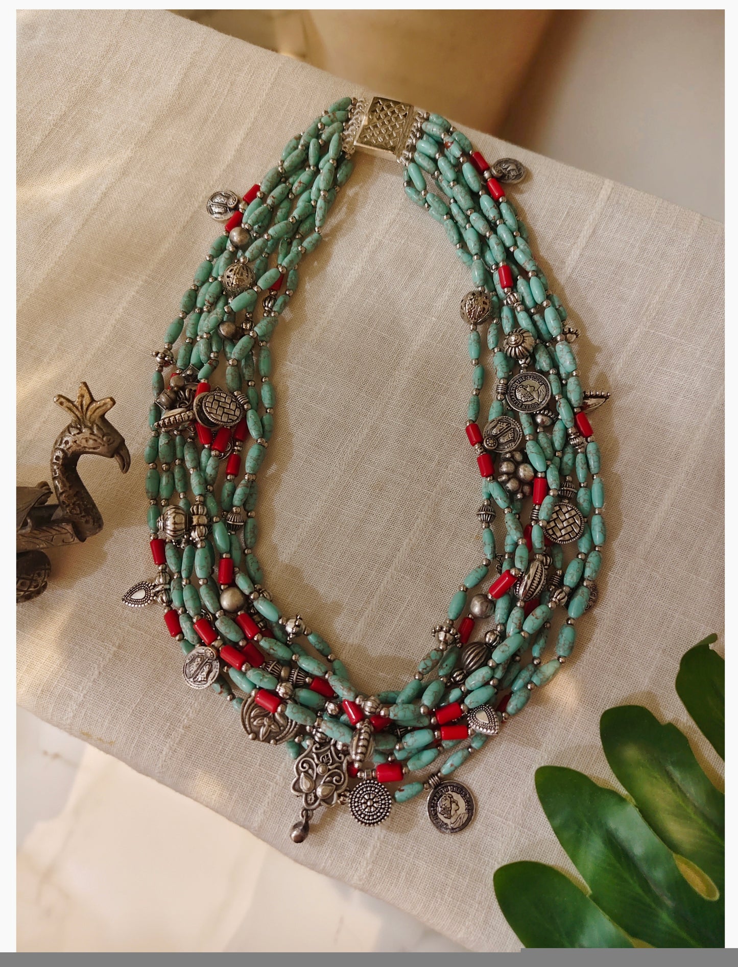 Beautiful Designer Mix Charms Turquoise & Coral Beads Gypsy Necklace