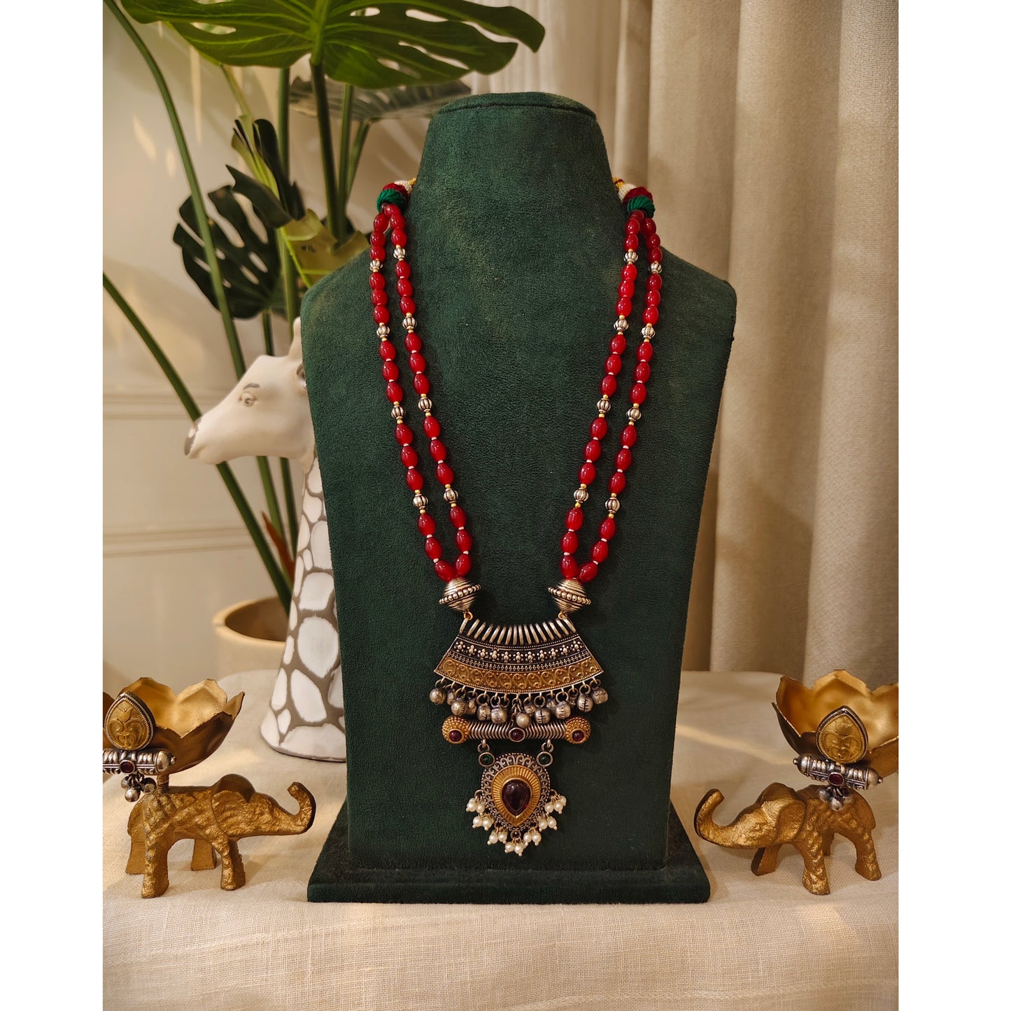 Beautiful Designer Dual Tone Pendant Long Beaded Necklace With Earrings