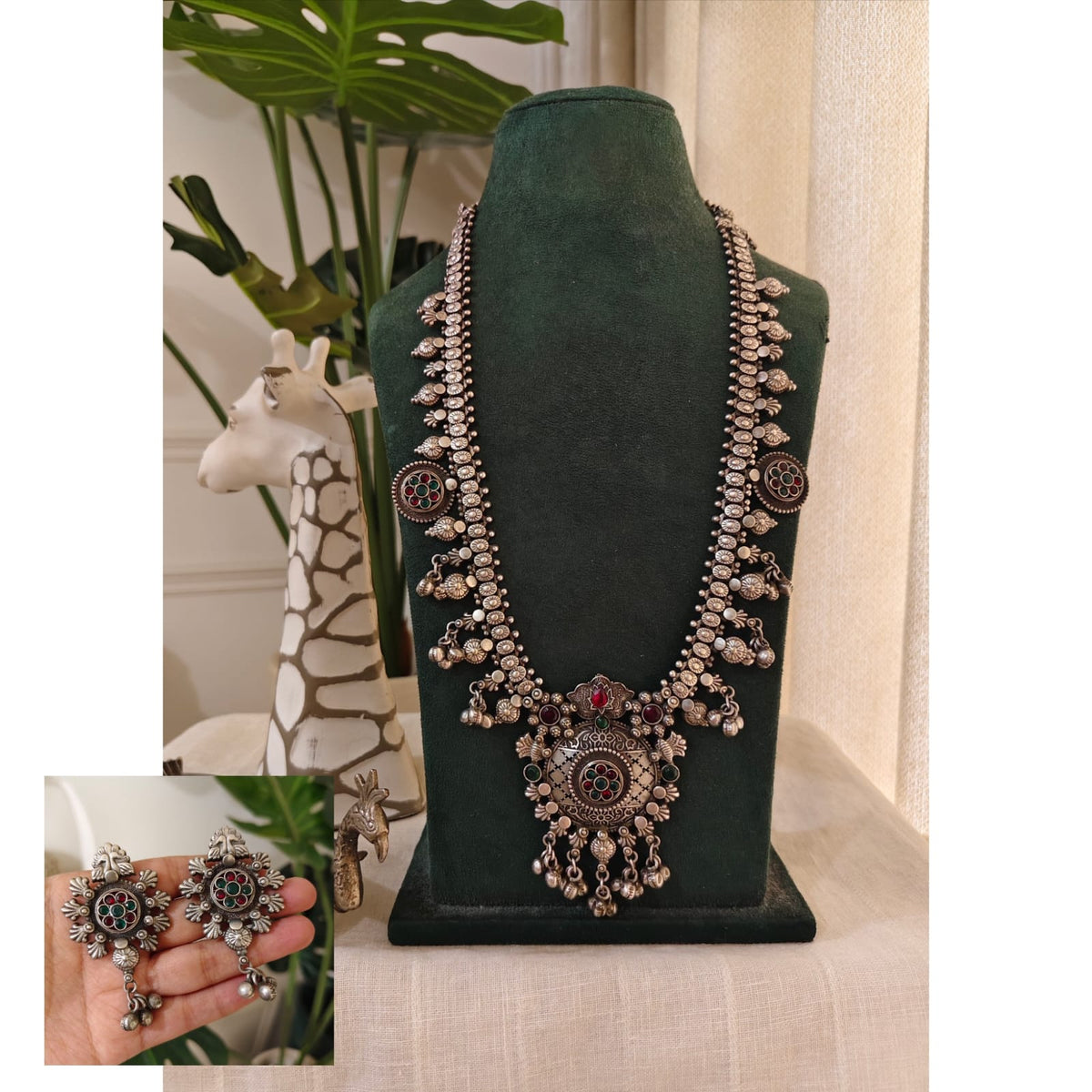 Beautiful Designer Stone Embedded Kolhapuri Long Necklace With Earrings